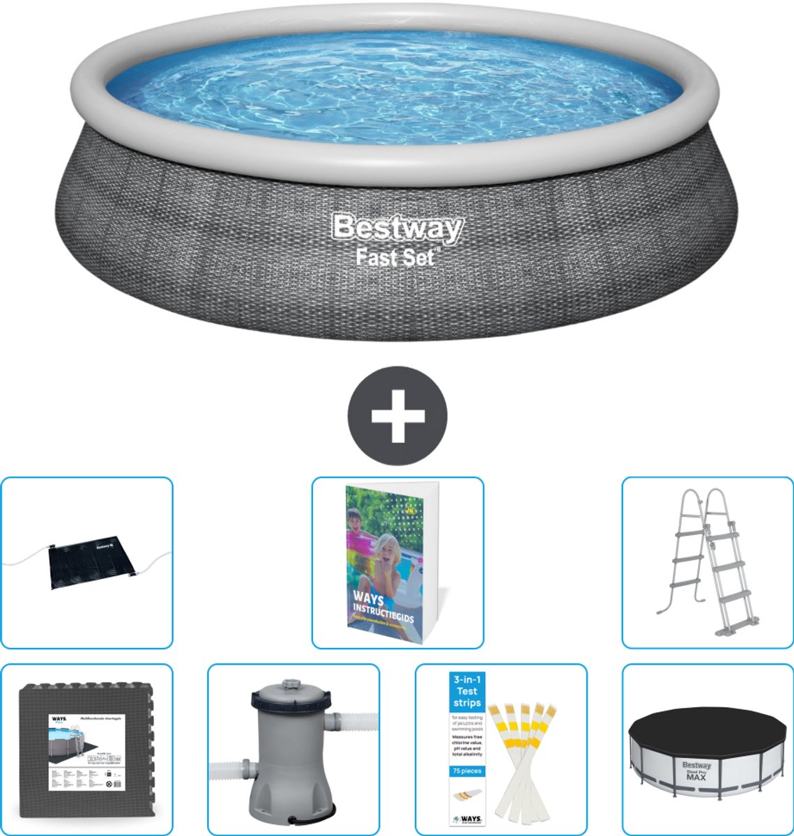 Bestway Rond Opblaasbaar Fast Set Zwembad - Rotanprint - 457 x 107 cm - Inclusief Pomp - Ladder - Afdekzeil - Solar Mat - Vloertegels - 8-delig