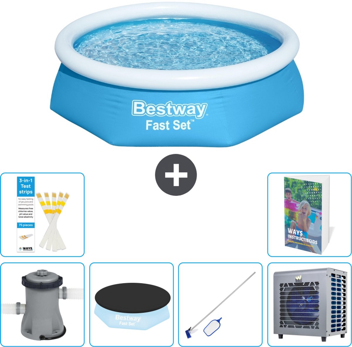 Bestway Rond Opblaasbaar Fast Set Zwembad - 244 x 61 cm - Blauw - Inclusief Pomp - Afdekzeil - Schoonmaakset - Warmtepomp - 7-delig