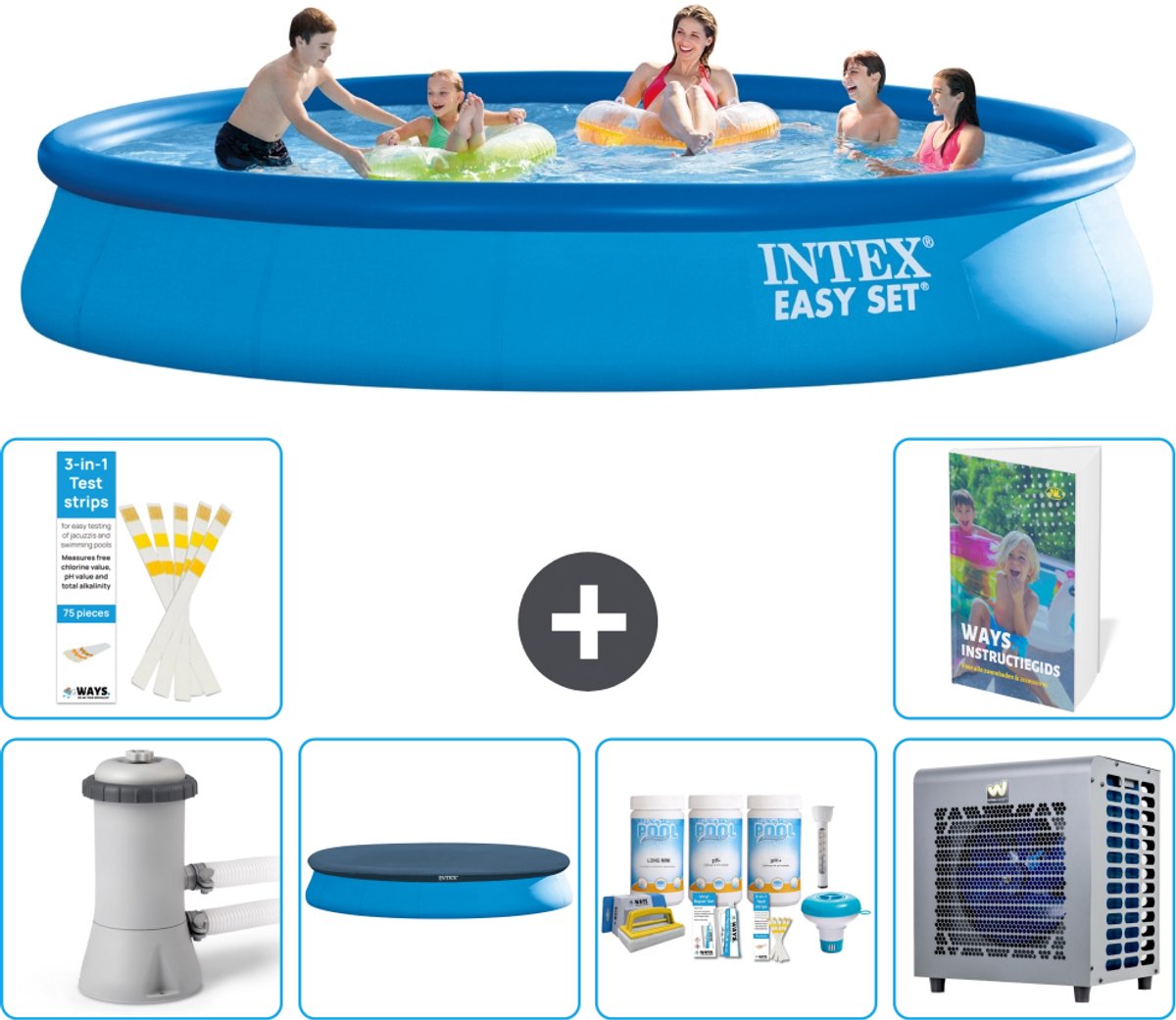 Intex Rond Opblaasbaar Easy Set Zwembad - 457 x 84 cm - Blauw - Inclusief Pomp - Afdekzeil - Onderhoudspakket - Warmtepomp - 7-delig