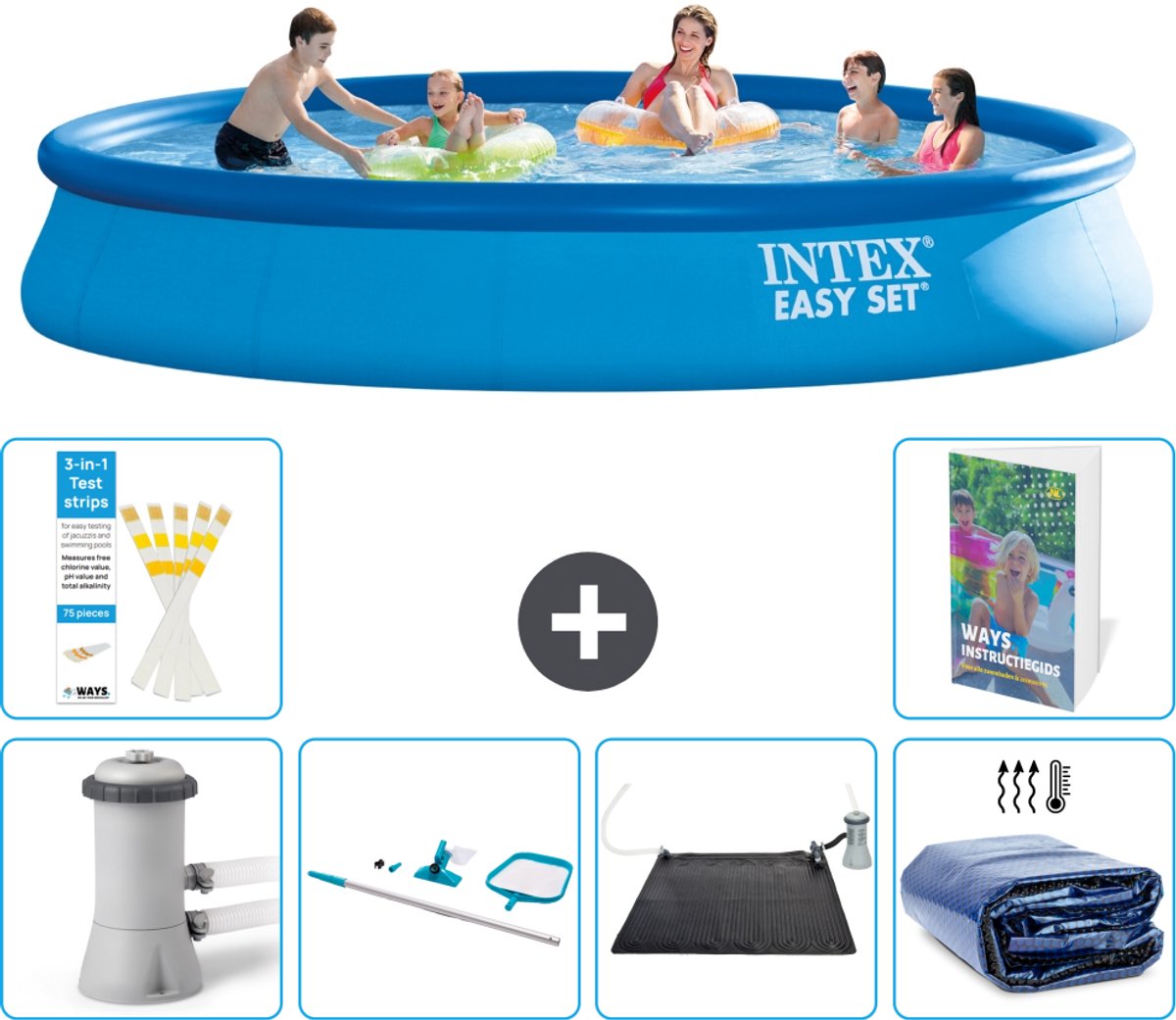Intex Rond Opblaasbaar Easy Set Zwembad - 457 x 84 cm - Blauw - Inclusief Pomp - Schoonmaakset - Solar Mat - Solarzeil - 7-delig