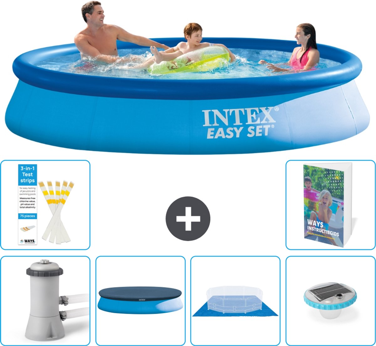 Intex Rond Opblaasbaar Easy Set Zwembad - 366 x 76 cm - Blauw - Inclusief Pomp - Afdekzeil - Grondzeil - Verlichting - 7-delig