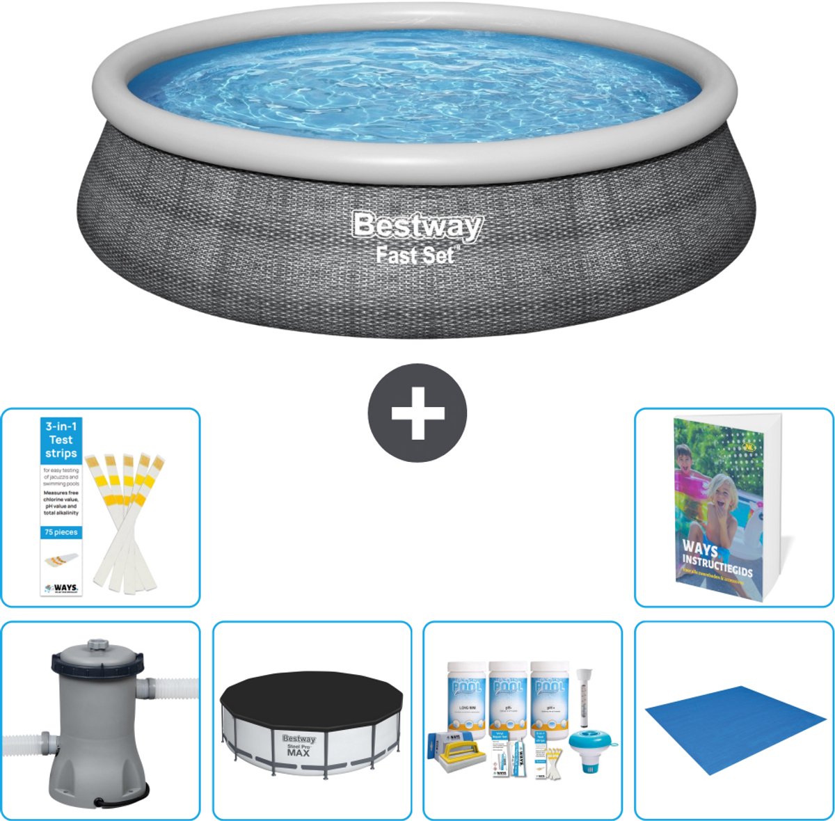 Bestway Rond Opblaasbaar Fast Set Zwembad - Rotanprint - 457 x 84 cm - Inclusief Pomp - Afdekzeil - Onderhoudspakket - Grondzeil - 7-delig