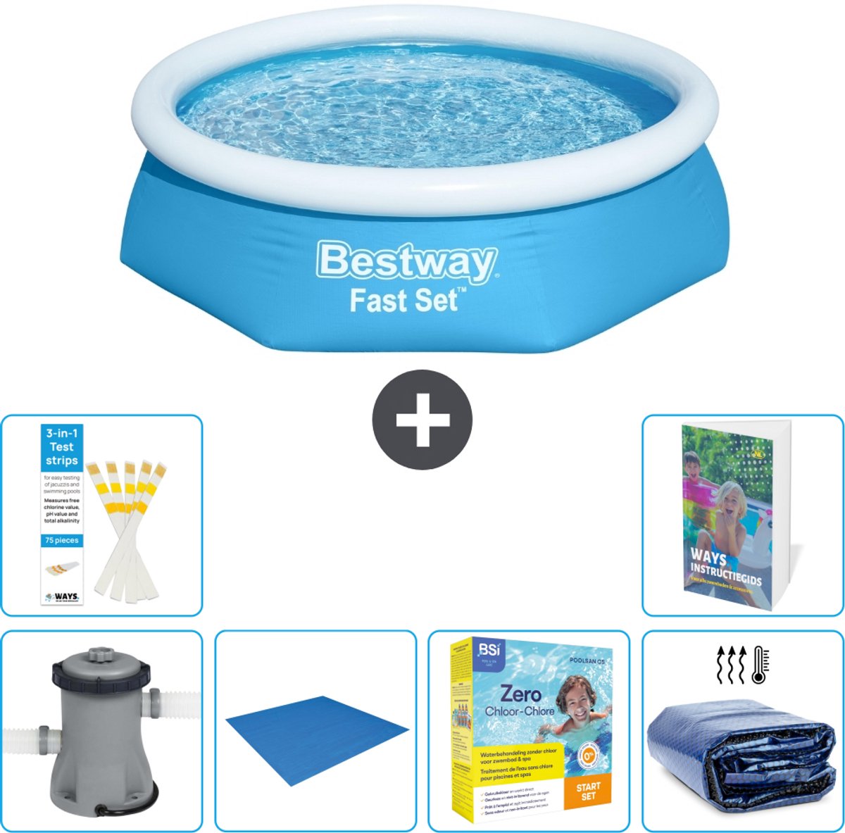 Bestway Rond Opblaasbaar Fast Set Zwembad - 244 x 61 cm - Blauw - Inclusief Pomp - Grondzeil - Onderhoudspakket - Solarzeil - 7-delig