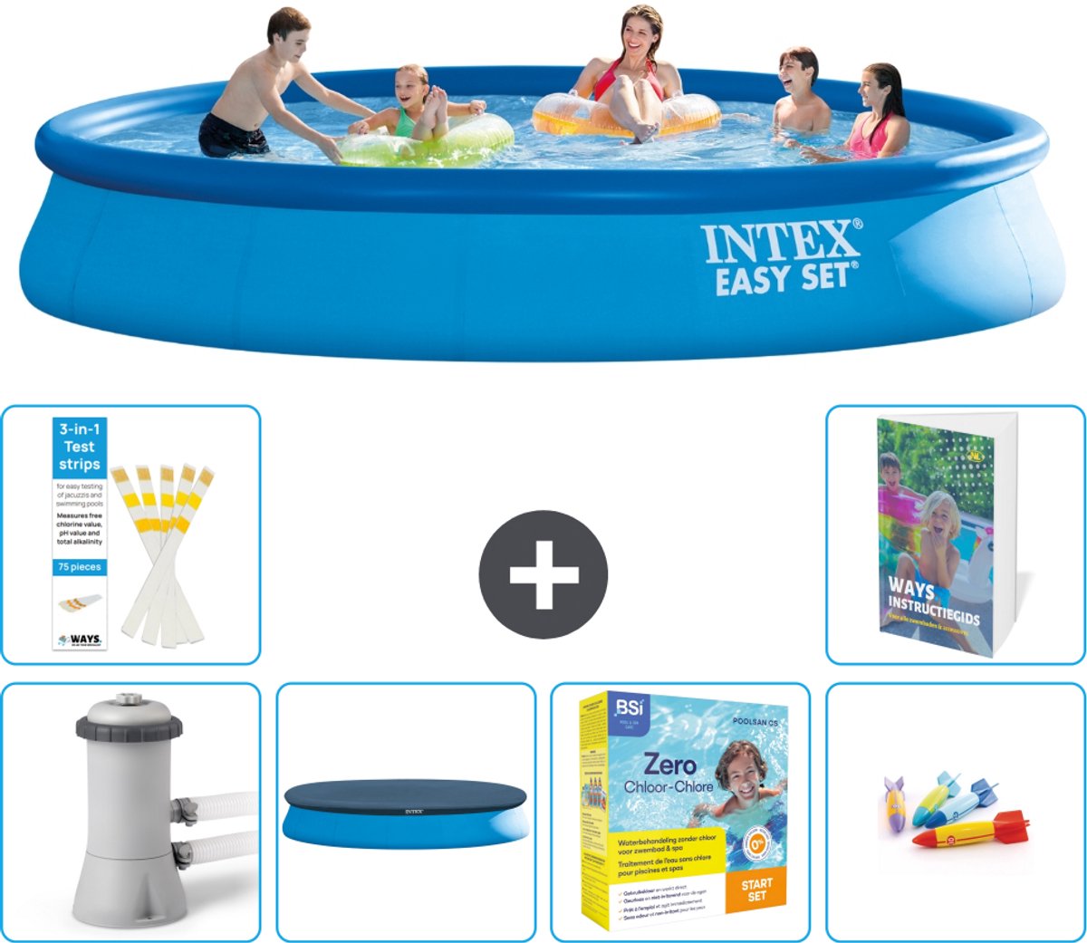 Intex Rond Opblaasbaar Easy Set Zwembad - 457 x 84 cm - Blauw - Inclusief Pomp - Afdekzeil - Onderhoudspakket - Speelgoed - 7-delig