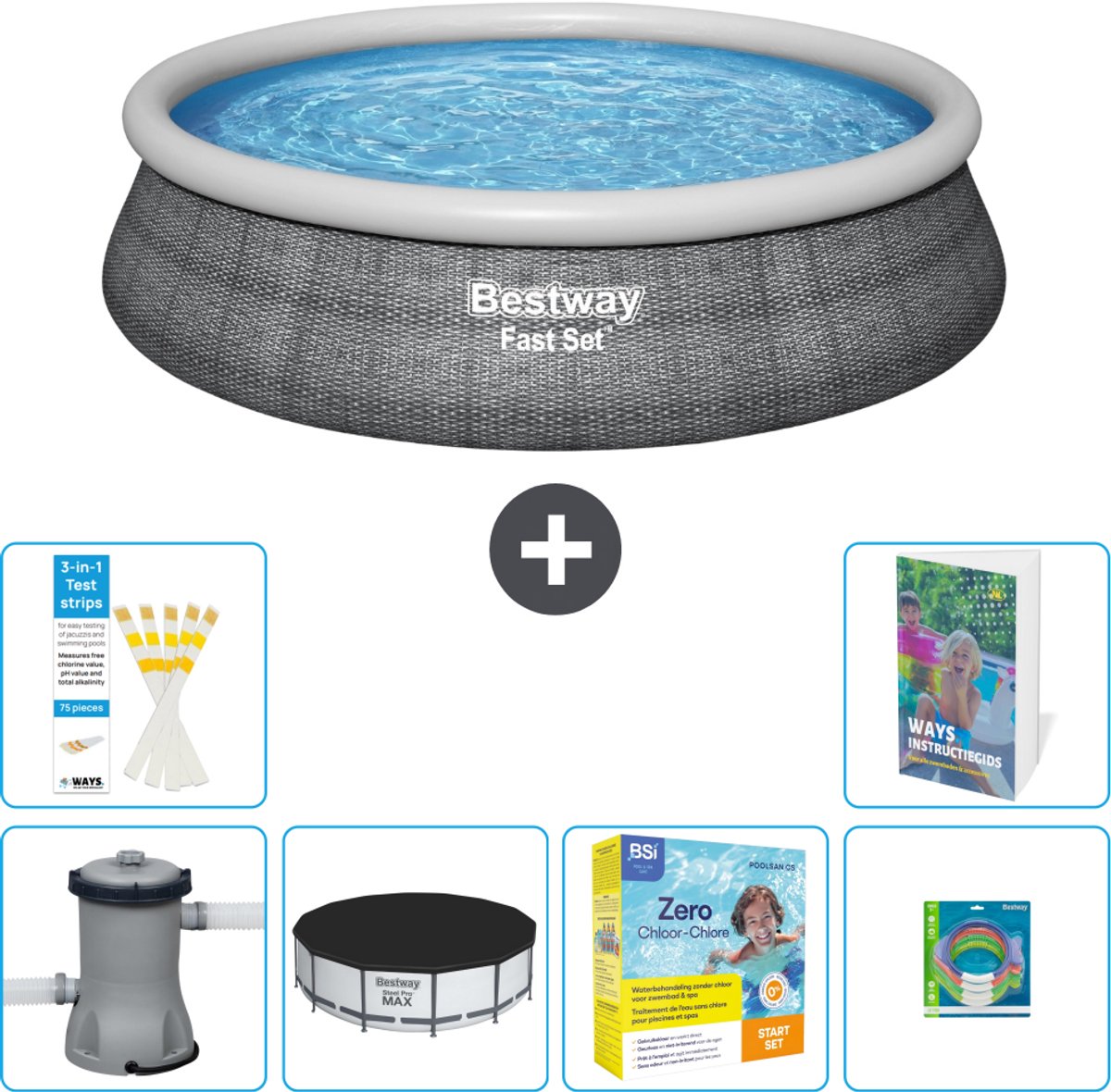 Bestway Rond Opblaasbaar Fast Set Zwembad - Rotanprint - 457 x 84 cm - Inclusief Pomp - Afdekzeil - Onderhoudspakket - Speelgoed - 7-delig