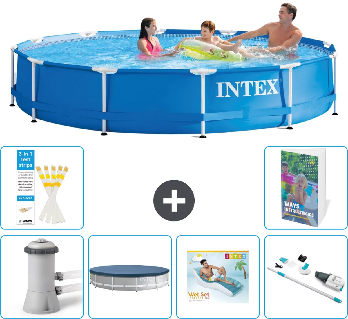 Intex Rond Frame Zwembad - 366 x 76 cm - Blauw - Inclusief Pomp - Afdekzeil - Loungebed - Stofzuiger - 7-delig