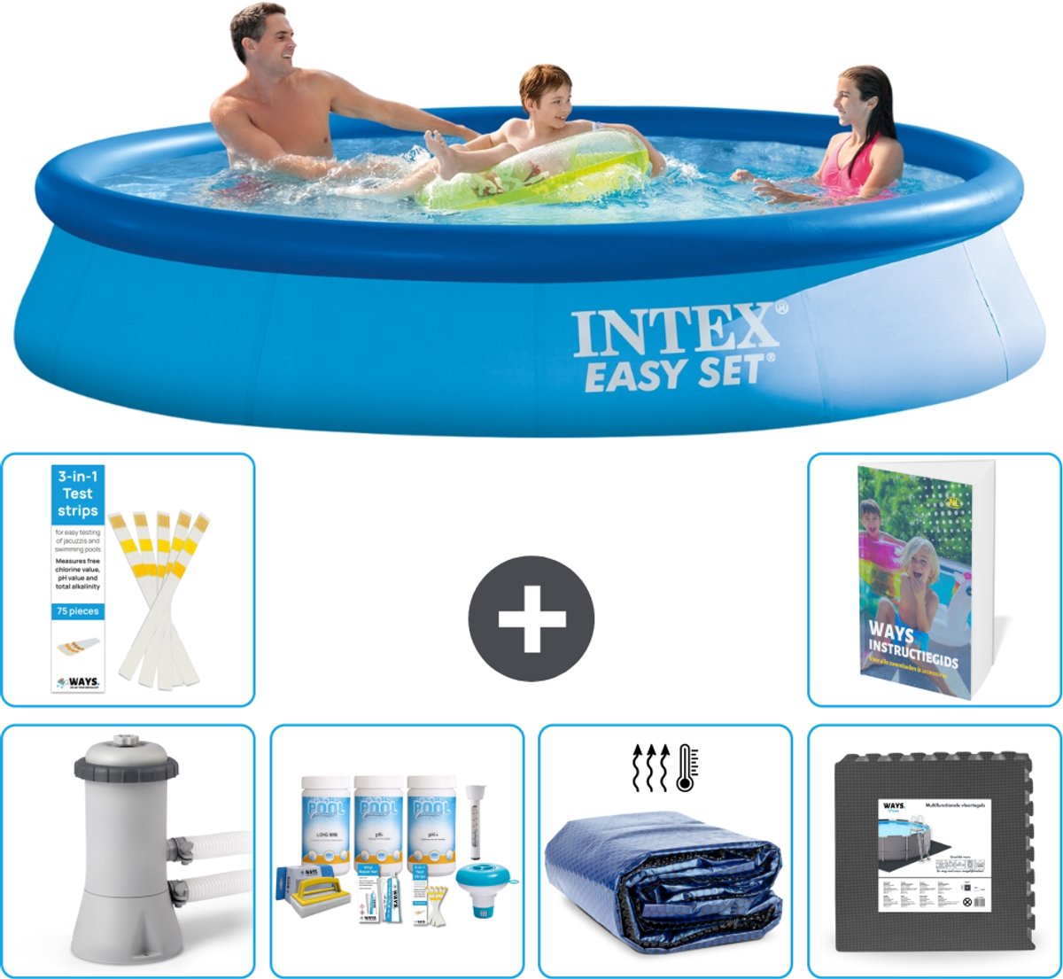 Intex Rond Opblaasbaar Easy Set Zwembad - 366 x 76 cm - Blauw - Inclusief Pomp - Onderhoudspakket - Solarzeil - Vloertegels - 7-delig