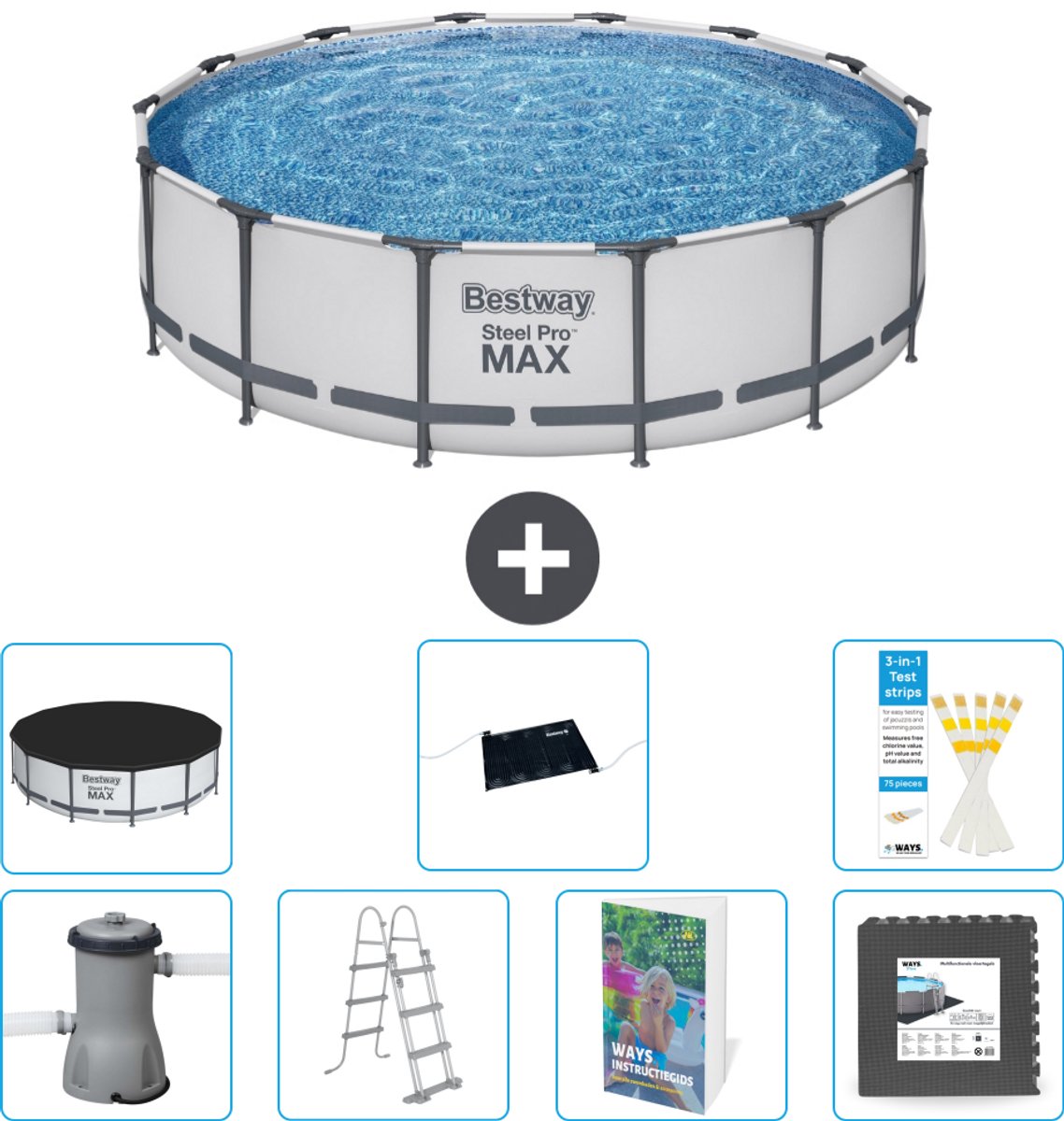 Bestway Rond Steel Pro MAX Zwembad - 427 x 107 cm - Grijs - Inclusief Pomp - Ladder - Afdekzeil - Solar Mat - Vloertegels - 8-delig