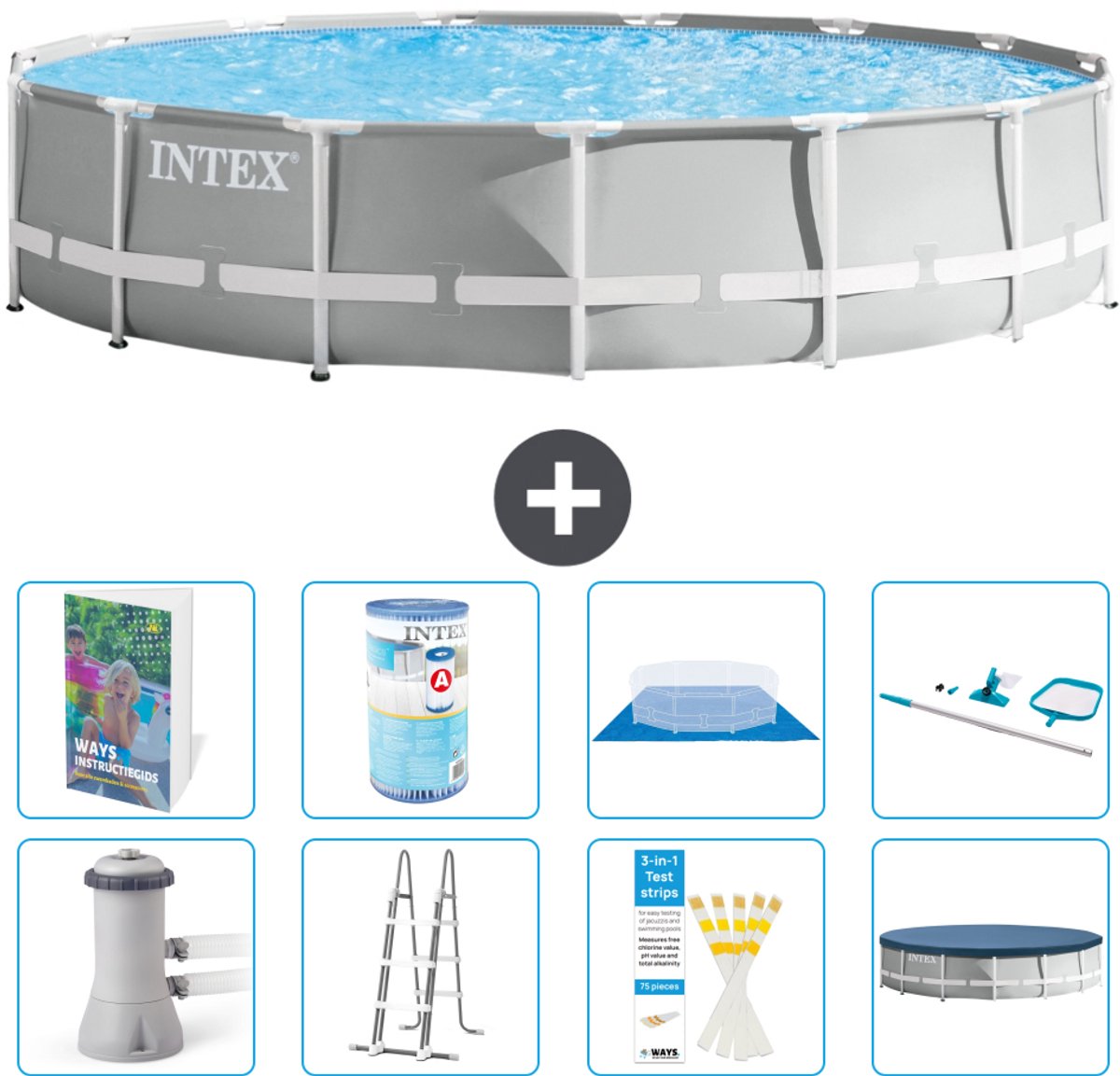 Intex Rond Prism Frame Zwembad - 457 x 107 cm - Grijs - Inclusief Pomp - Ladder - Grondzeil - Afdekzeil - Filter - Schoonmaakset - 9-delig