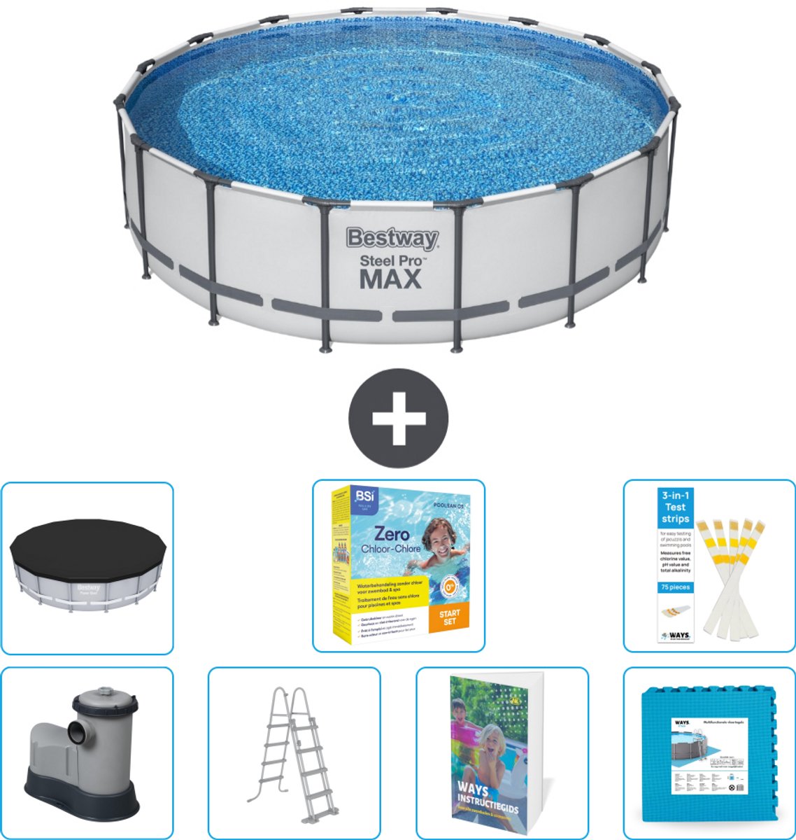 Bestway Rond Steel Pro MAX Zwembad - 488 x 122 cm - Grijs - Inclusief Pomp - Ladder - Afdekzeil - Onderhoudspakket - Vloertegels - 8-delig