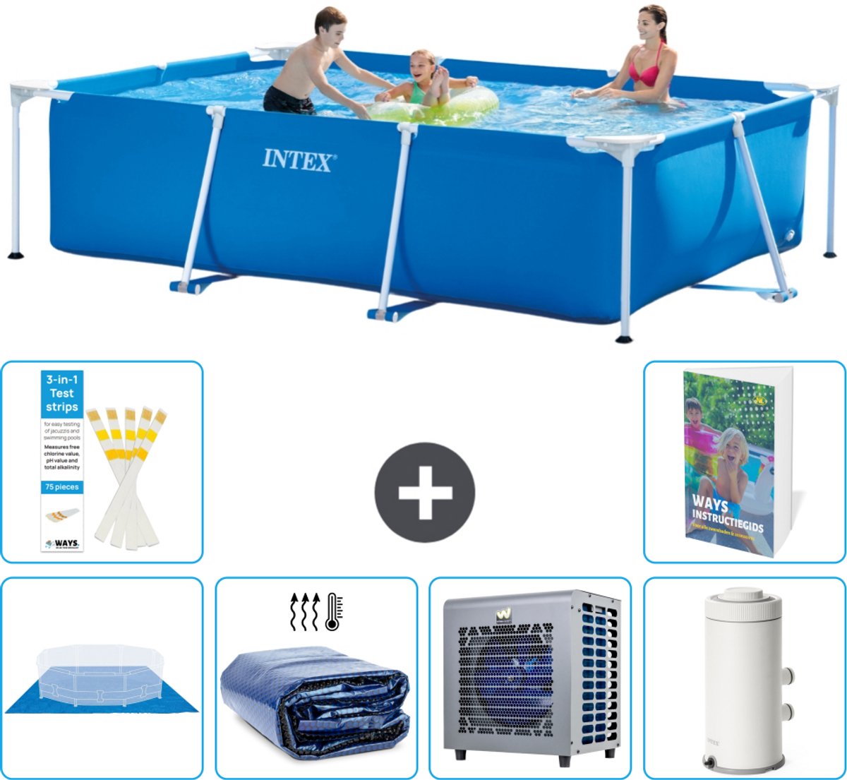 Intex Rechthoekig Frame Zwembad - 300 x 200 x 75 cm - Blauw - Inclusief Grondzeil - Solarzeil - Warmtepomp - Zwembadfilterpomp - 7-delig