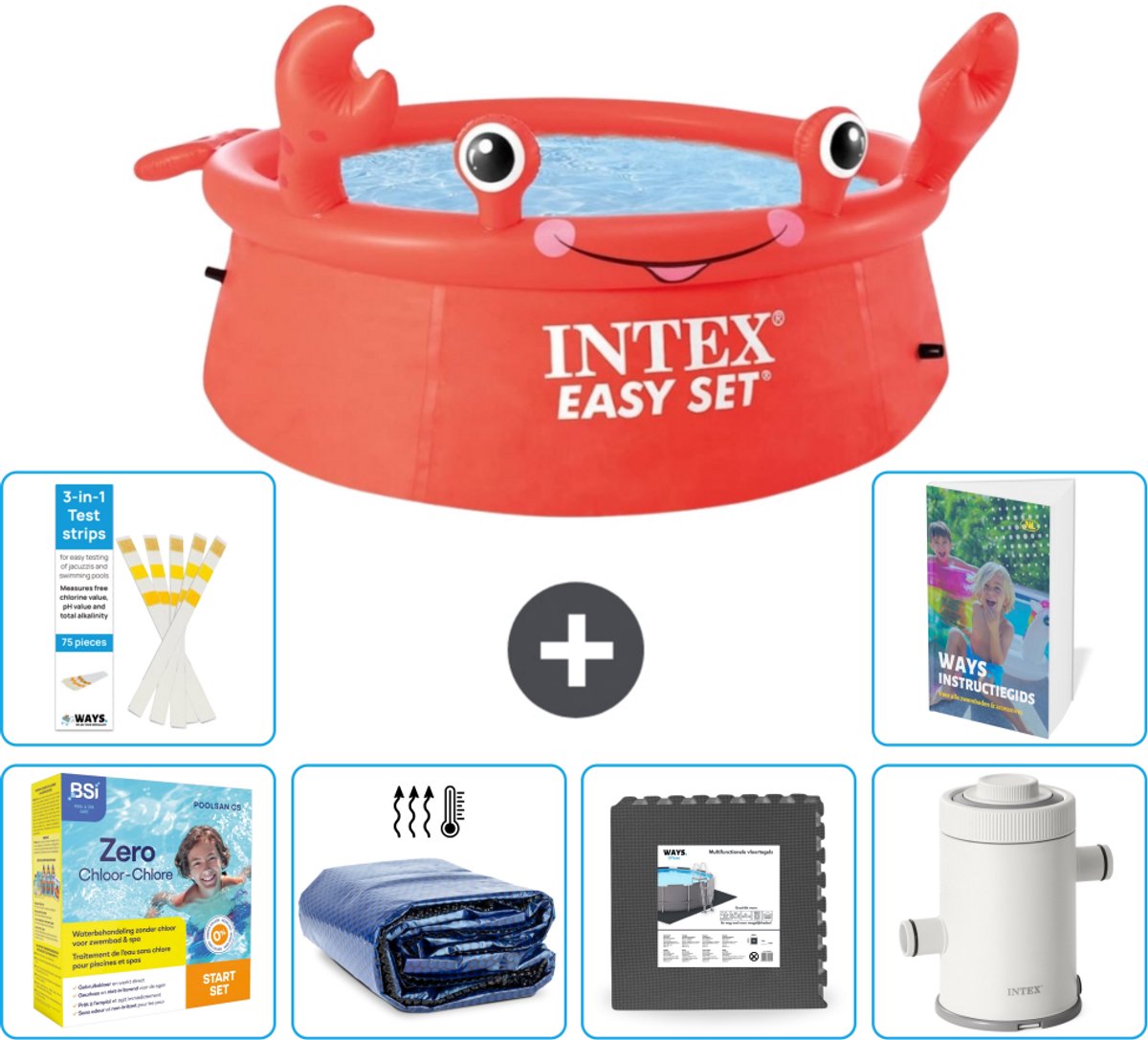 Intex Rond Opblaasbaar Easy Set Zwembad - 183 x 51 cm - Rood - Krab - Inclusief Onderhoudspakket - Solarzeil - Vloertegels - Zwembadfilterpomp - 7-delig