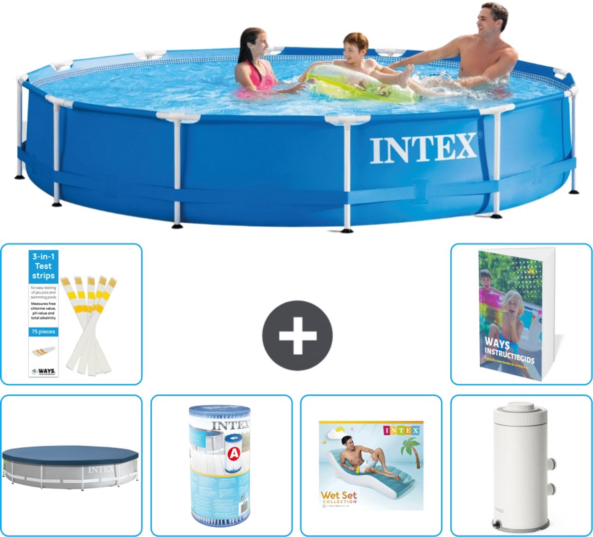 Intex Rond Frame Zwembad - 366 x 76 cm - Blauw - Inclusief Afdekzeil - Filter - Loungebed - Zwembadfilterpomp - 7-delig