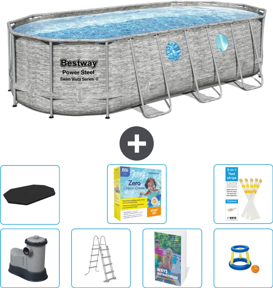Bestway Ovaal Power Steel Swim Vista Zwembad - Steenprint - 549 x 274 x 122 - Inclusief Pomp - Ladder - Afdekzeil - Onderhoudspakket - Speelgoed - 8-delig