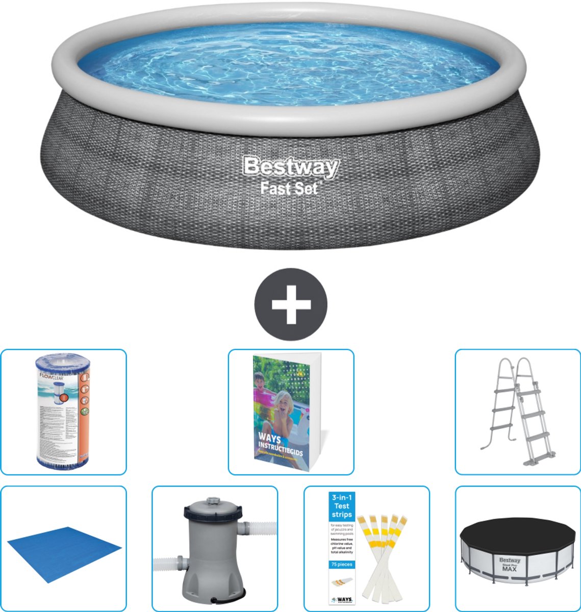 Bestway Rond Opblaasbaar Fast Set Zwembad - Rotanprint - 457 x 107 cm - Inclusief Pomp - Ladder - Afdekzeil - Filter - Grondzeil - 8-delig