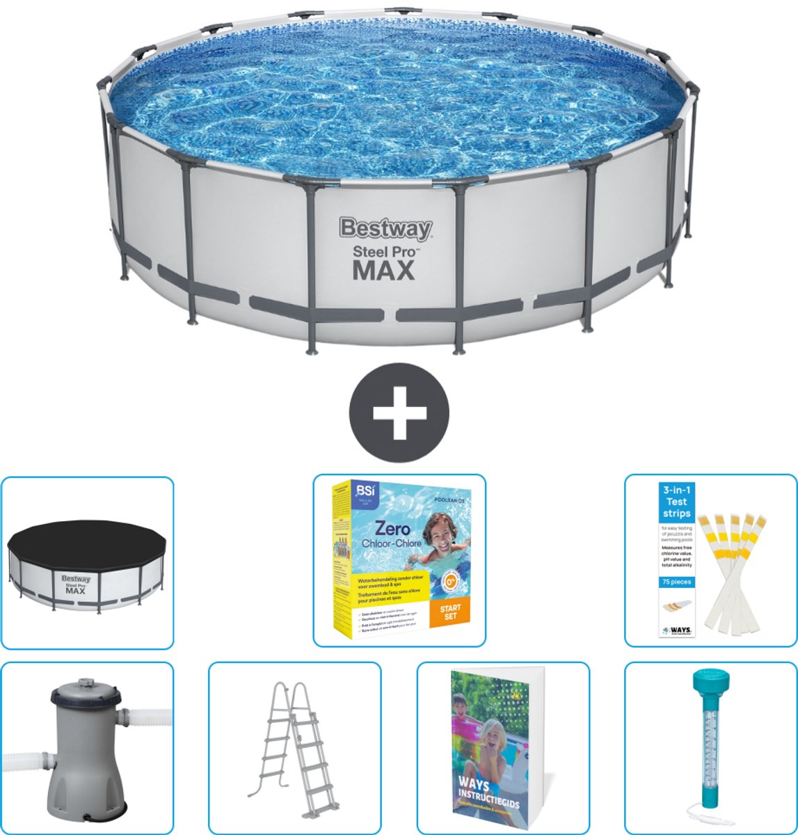 Bestway Rond Steel Pro MAX Zwembad - 457 x 122 cm - Grijs - Inclusief Pomp - Ladder - Afdekzeil - Onderhoudspakket - Thermometer - 8-delig