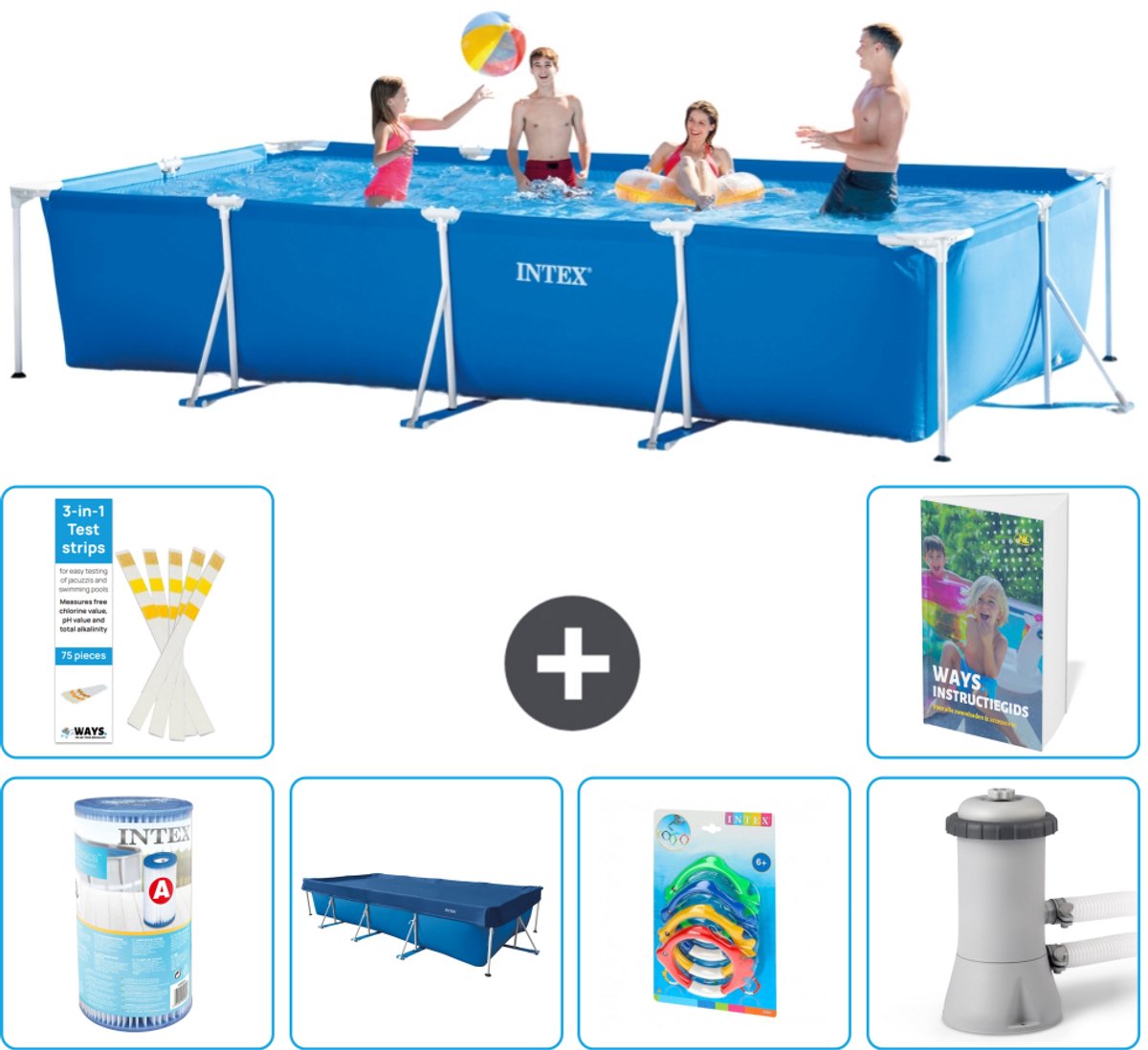 Intex Rechthoekig Frame Zwembad - 450 x 220 x 84 cm - Blauw - Inclusief Filter - Afdekzeil - Speelgoed - Zwembadfilterpomp - 7-delig