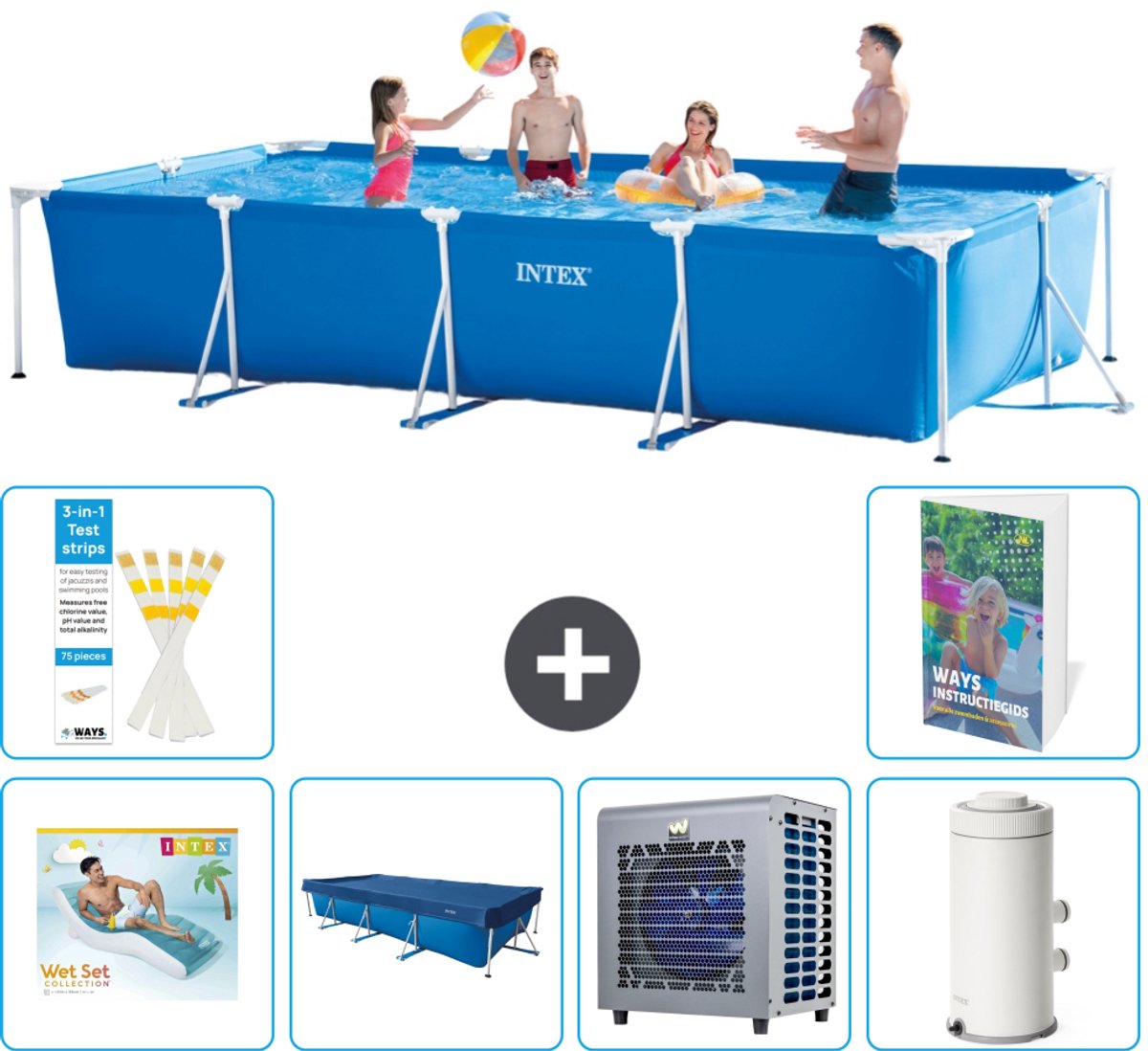 Intex Rechthoekig Frame Zwembad - 450 x 220 x 84 cm - Blauw - Inclusief Loungebed - Afdekzeil - Warmtepomp - Zwembadfilterpomp - 7-delig