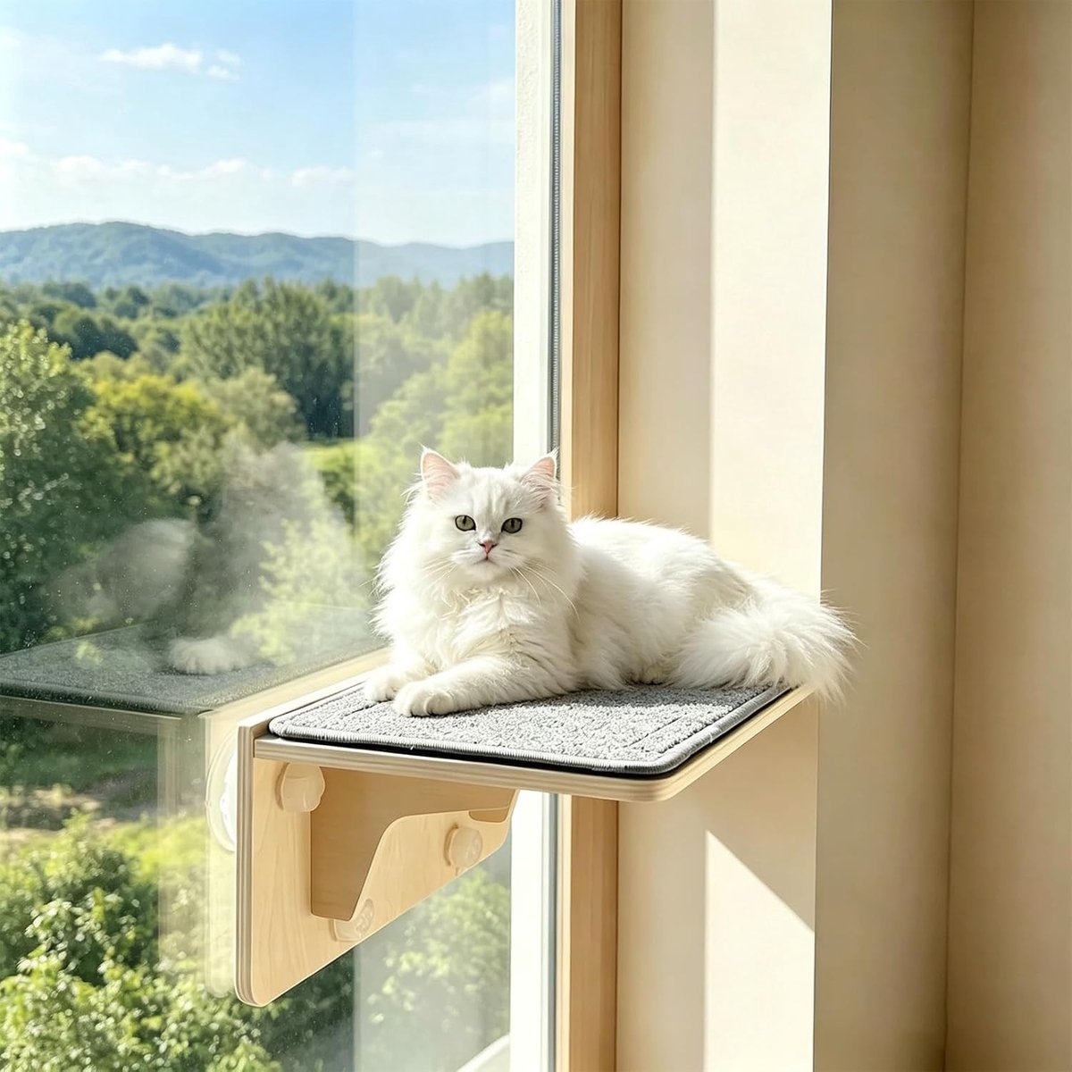 Klimwand voor katten, multifunctionele muur- en glasoplossing, kattenbed met stevige zuignappen, ideaal voor binnen en buiten, tot 18 kg draagvermogen, met wasbare vilten onderlaag
