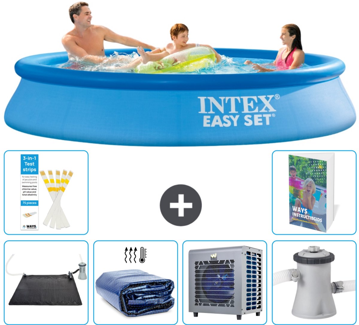 Intex Rond Opblaasbaar Easy Set Zwembad - 305 x 61 cm - Blauw - Inclusief Solar Mat - Solarzeil - Warmtepomp - Zwembadfilterpomp - 7-delig