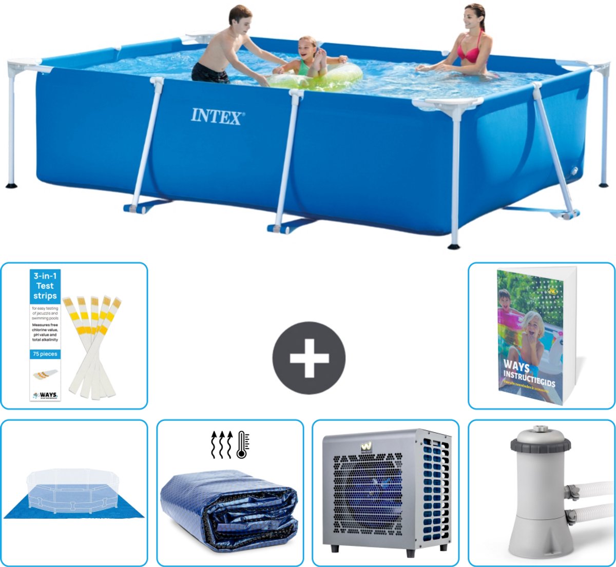 Intex Rechthoekig Frame Zwembad - 300 x 200 x 75 cm - Blauw - Inclusief Grondzeil - Solarzeil - Warmtepomp - Zwembadfilterpomp - 7-delig