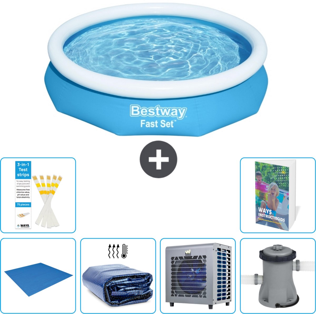 Bestway Rond Opblaasbaar Fast Set Zwembad - 305 x 66 cm - Blauw - Inclusief Grondzeil - Solarzeil - Warmtepomp - Zwembadfilterpomp - 7-delig