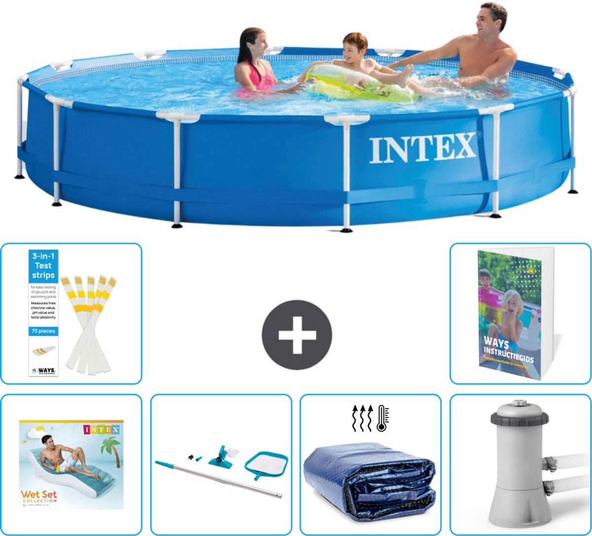 Intex Rond Frame Zwembad - 366 x 76 cm - Blauw - Inclusief Loungebed - Schoonmaakset - Solarzeil - Zwembadfilterpomp - 7-delig