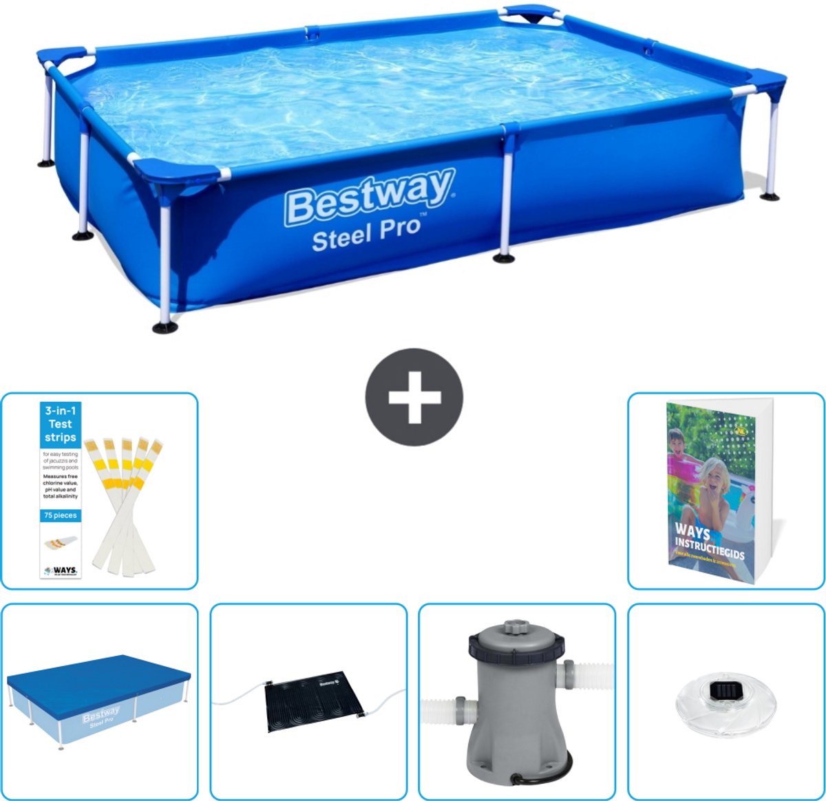Bestway Rechthoekig Steel Pro Zwembad - 221 x 150 x 43 cm - Blauw - Inclusief Afdekzeil - Solar Mat - Zwembadfilterpomp - Verlichting - 7-delig