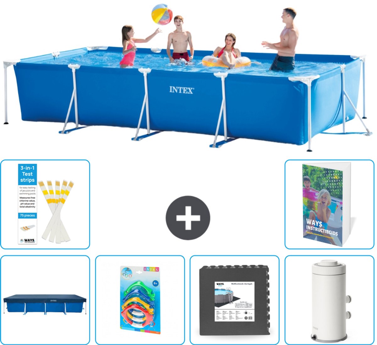 Intex Rechthoekig Frame Zwembad - 450 x 220 x 84 cm - Blauw - Inclusief Afdekzeil - Speelgoed - Vloertegels - Zwembadfilterpomp - 7-delig