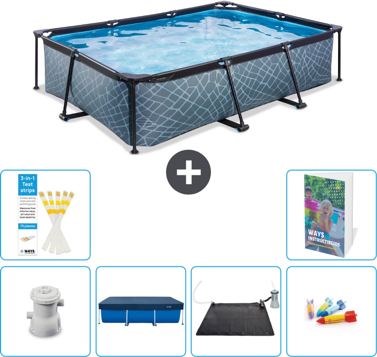 EXIT Rechthoekig Stone Frame Zwembad - 300 x 200 x 65 cm - Inclusief Pomp - Afdekzeil - Solar Mat - Speelgoed - 7-delig