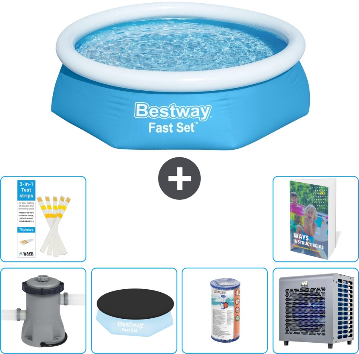 Bestway Rond Opblaasbaar Fast Set Zwembad - 244 x 61 cm - Blauw - Inclusief Pomp - Afdekzeil - Filter - Warmtepomp - 7-delig