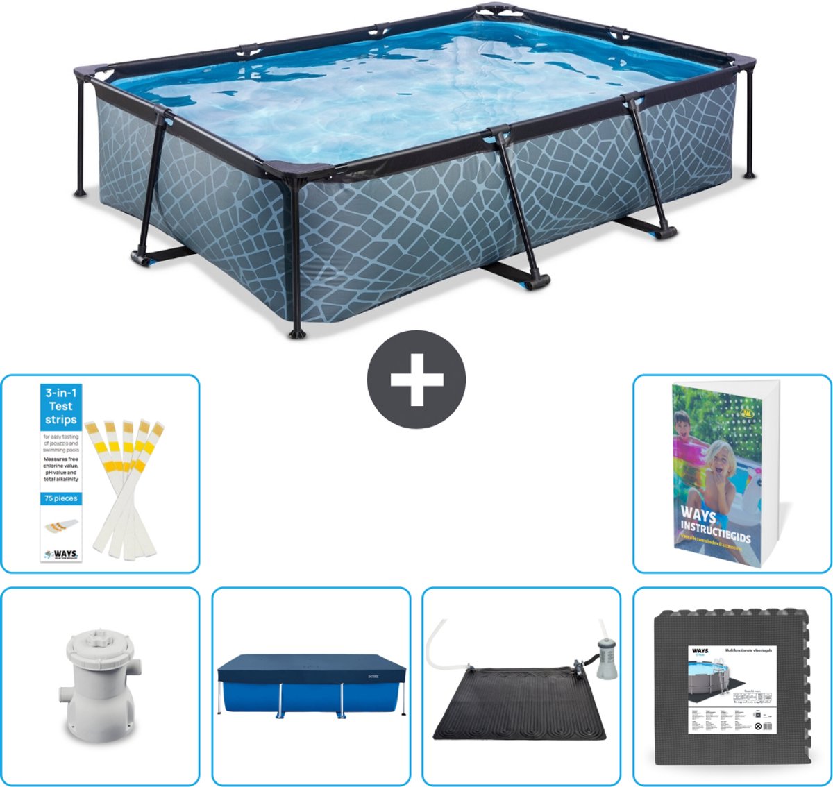 EXIT Rechthoekig Stone Frame Zwembad - 300 x 200 x 65 cm - Inclusief Pomp - Afdekzeil - Solar Mat - Vloertegels - 7-delig