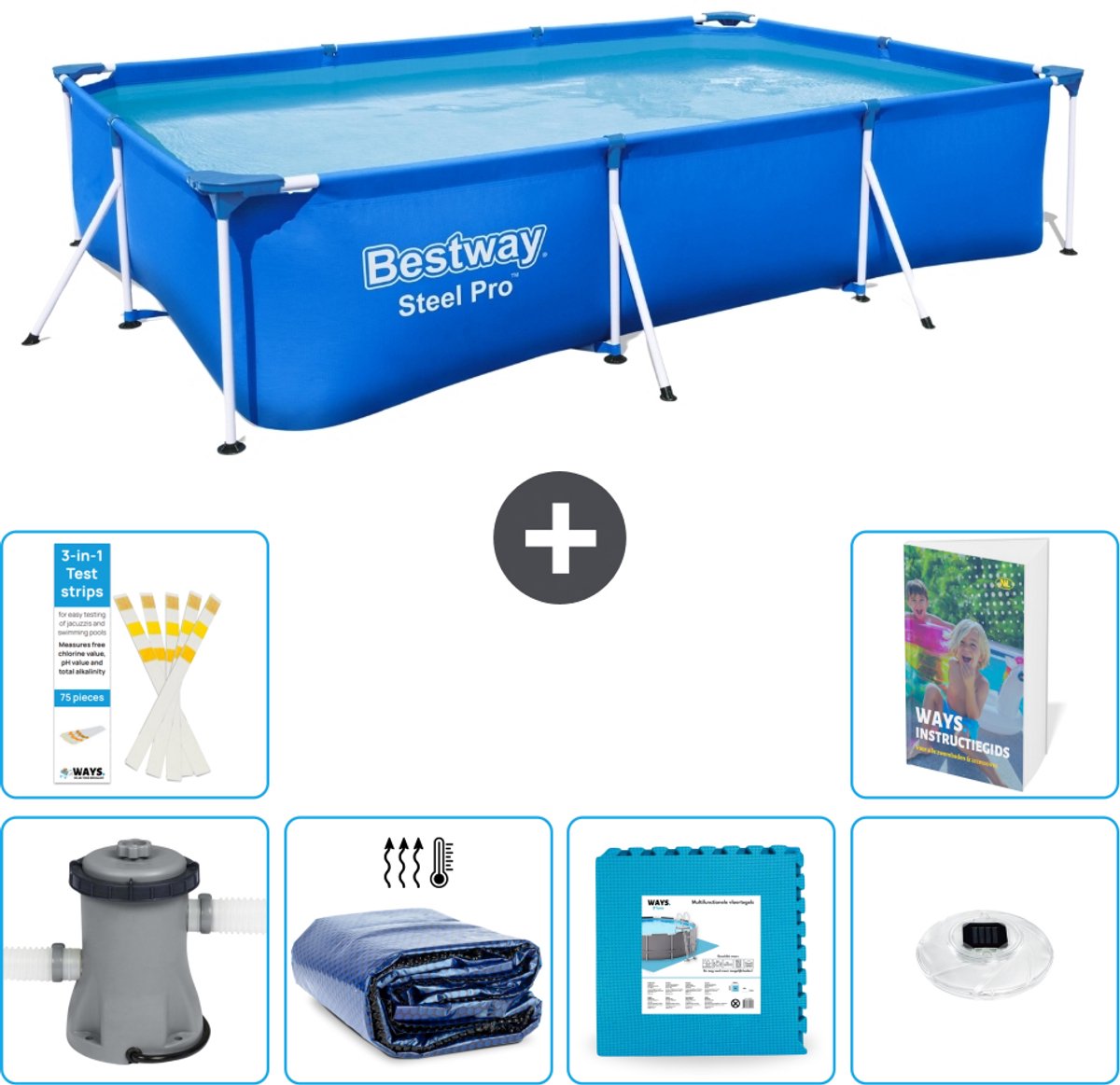 Bestway Rechthoekig Steel Pro Zwembad - 300 x 201 x 66 cm - Blauw - Inclusief Pomp - Solarzeil - Vloertegels - Verlichting - 7-delig