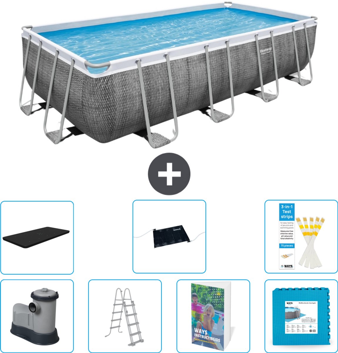 Bestway Rechthoekig Power Steel Zwembad - Rattanprint - 549 x 274 x 122 - Inclusief Pomp - Ladder - Afdekzeil - Solar Mat - Vloertegels - 8-delig