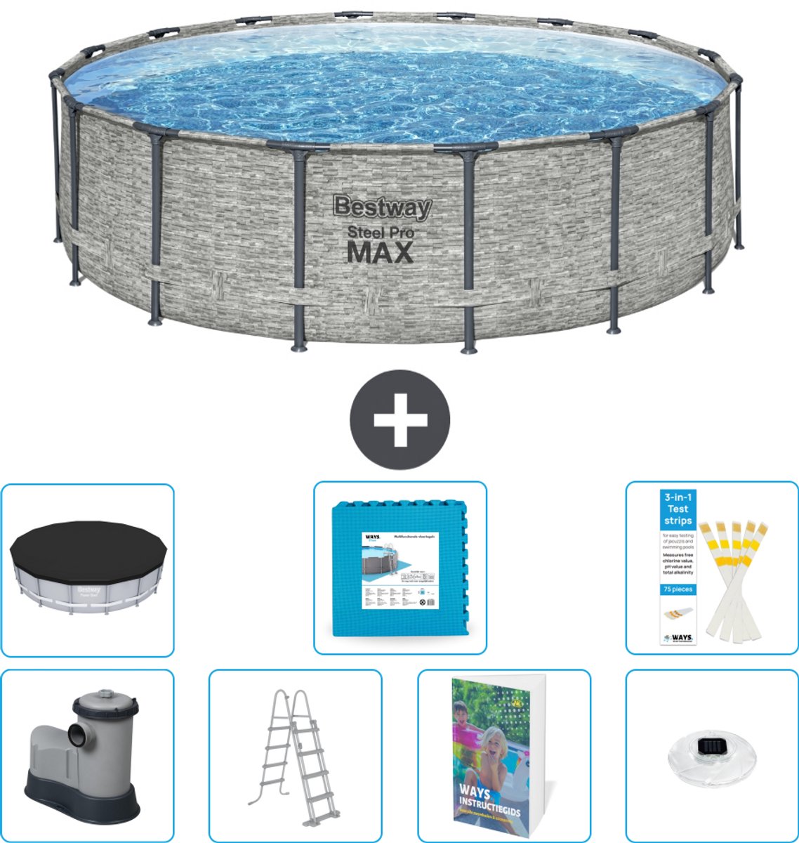 Bestway Rond Steel Pro MAX Zwembad - Steenprint - 488 x 122 cm - Inclusief Pomp - Ladder - Afdekzeil - Vloertegels - Verlichting - 8-delig