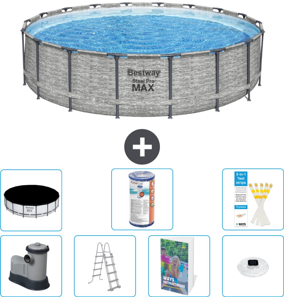 Bestway Rond Steel Pro MAX Zwembad - Steenprint - 549 x 122 - Inclusief Pomp - Ladder - Afdekzeil - Filter - Verlichting - 8-delig