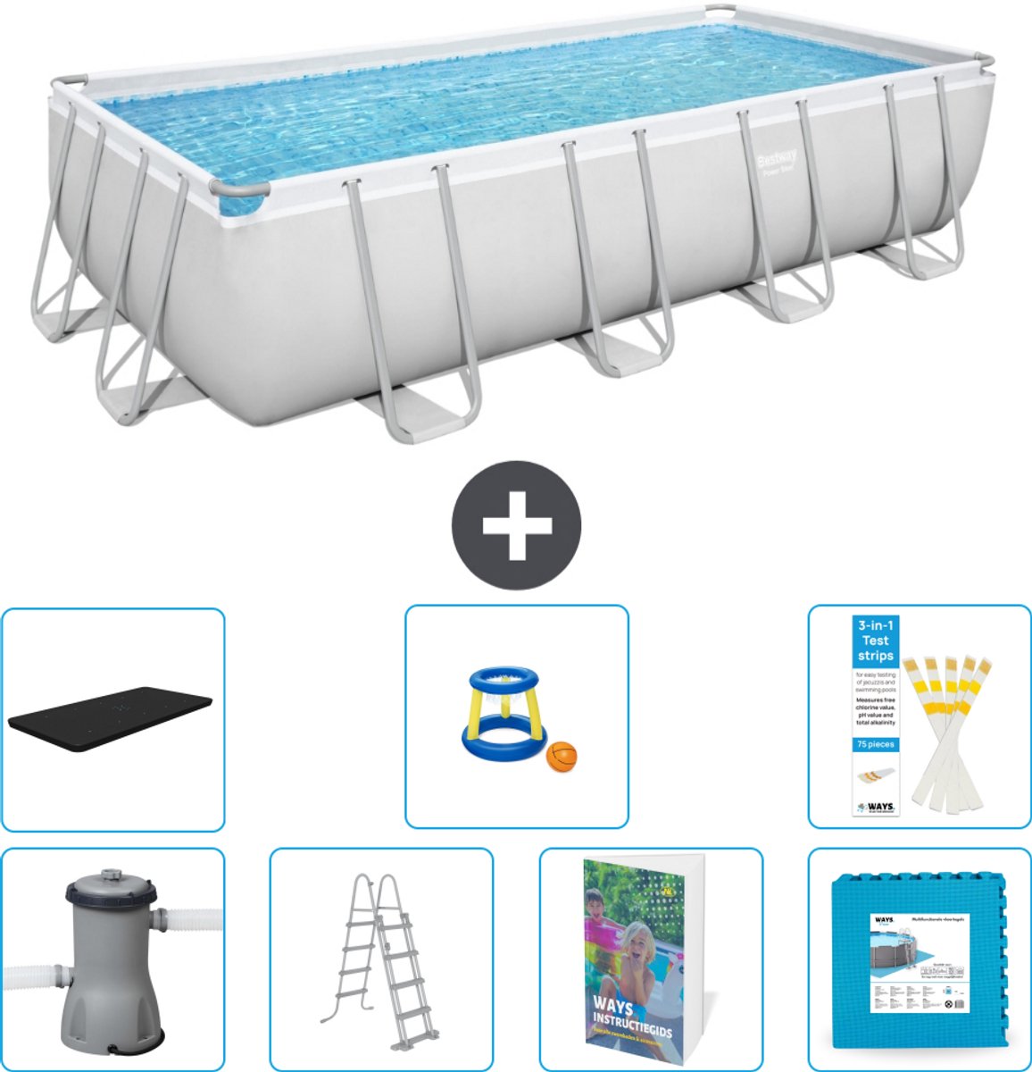 Bestway Rechthoekig Power Steel Zwembad - 488 x 244 x 122 - Grijs Inclusief Pomp - Ladder - Afdekzeil - Speelgoed - Vloertegels - 8-delig
