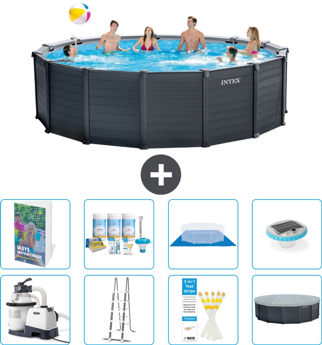Intex Rond Graphite Gray Panel Zwembad - 478 x 124 cm - Inclusief Pomp - Ladder - Grondzeil - Afdekzeil - Onderhoudspakket - Verlichting - 9-delig