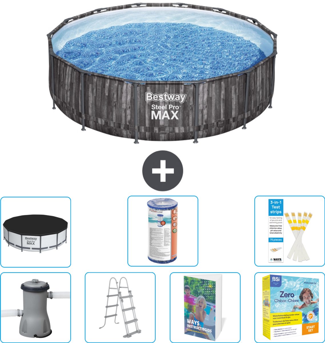 Bestway Rond Steel Pro MAX Zwembad - Houtprint - 427 x 107 cm - Inclusief Pomp - Ladder - Afdekzeil - Filter - Onderhoudspakket - 8-delig