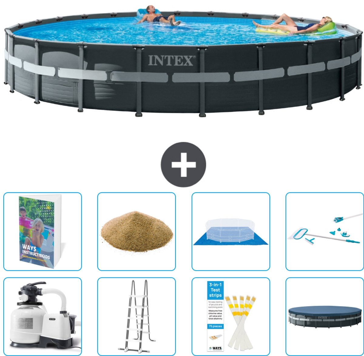 Intex Rond Ultra XTR Frame Zwembad - 732 x 132 cm - Inclusief Pomp - Ladder - Grondzeil - Afdekzeil - Filterzand - Schoonmaakset - 9-delig