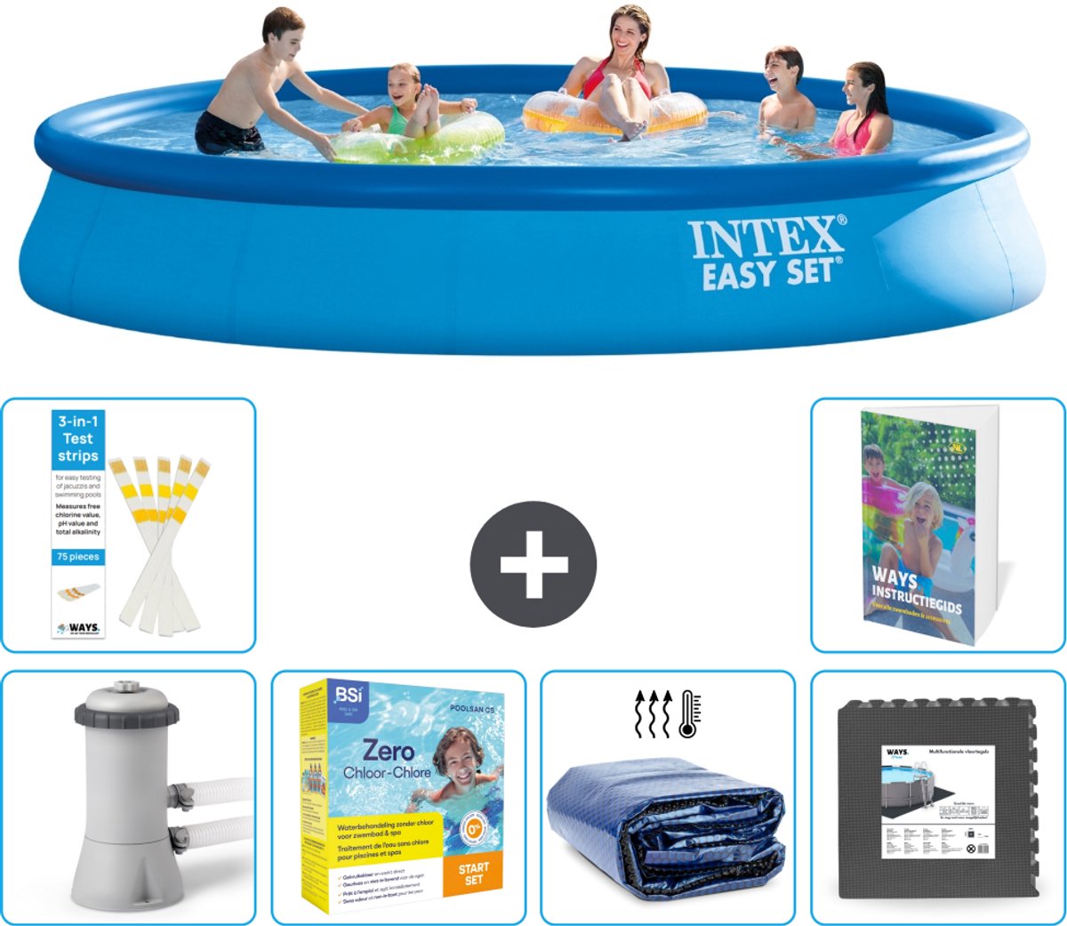 Intex Rond Opblaasbaar Easy Set Zwembad - 457 x 84 cm - Blauw - Inclusief Pomp - Onderhoudspakket - Solarzeil - Vloertegels - 7-delig