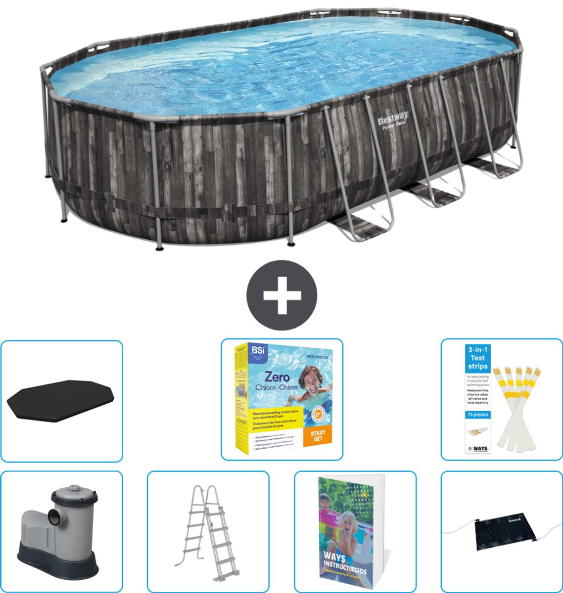 Bestway Ovaal Power Steel Zwembad - 610 x 366 x 122 - Grijs - Inclusief Pomp - Ladder - Afdekzeil - Onderhoudspakket - Solar Mat - 8-delig