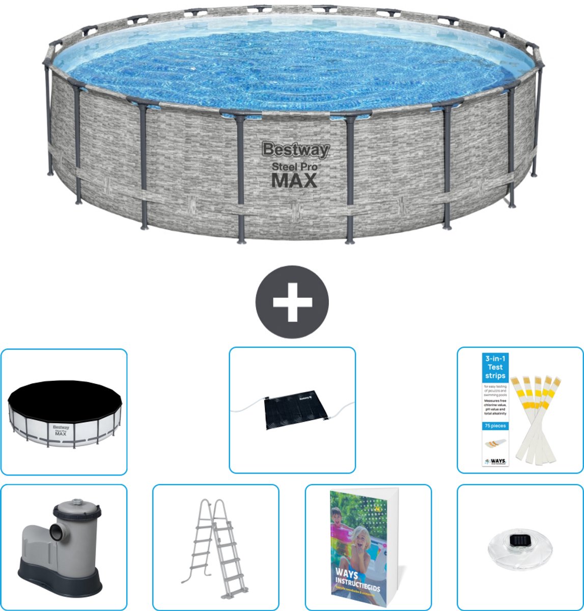 Bestway Rond Steel Pro MAX Zwembad - Steenprint - 549 x 122 - Inclusief Pomp - Ladder - Afdekzeil - Solar Mat - Verlichting - 8-delig