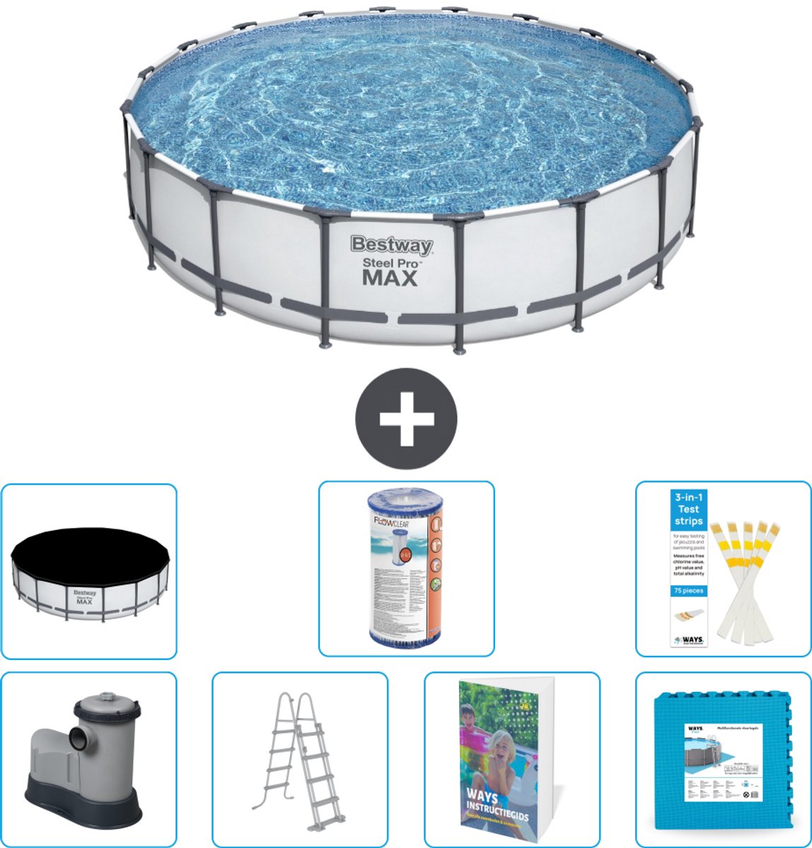 Bestway Rond Steel Pro MAX Zwembad - 549 x 122 cm - Grijs - Inclusief Pomp - Ladder - Afdekzeil - Filter - Vloertegels - 8-delig