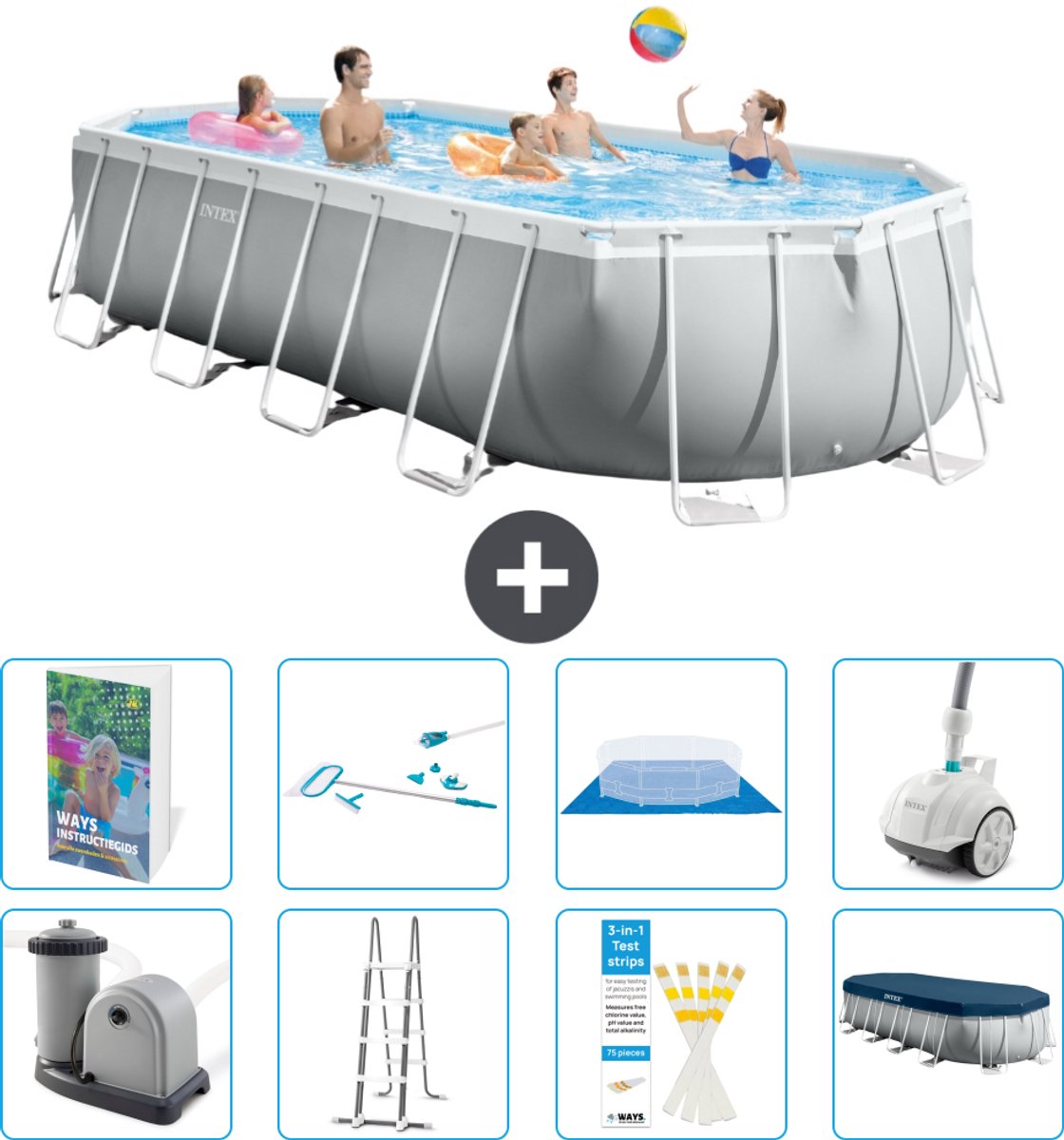Intex Ovaal Prism Frame Zwembad - 610 x 305 x 122 cm - Grijs - Inclusief Pomp - Ladder - Grondzeil - Afdekzeil - Schoonmaakset - Stofzuiger - 9-delig