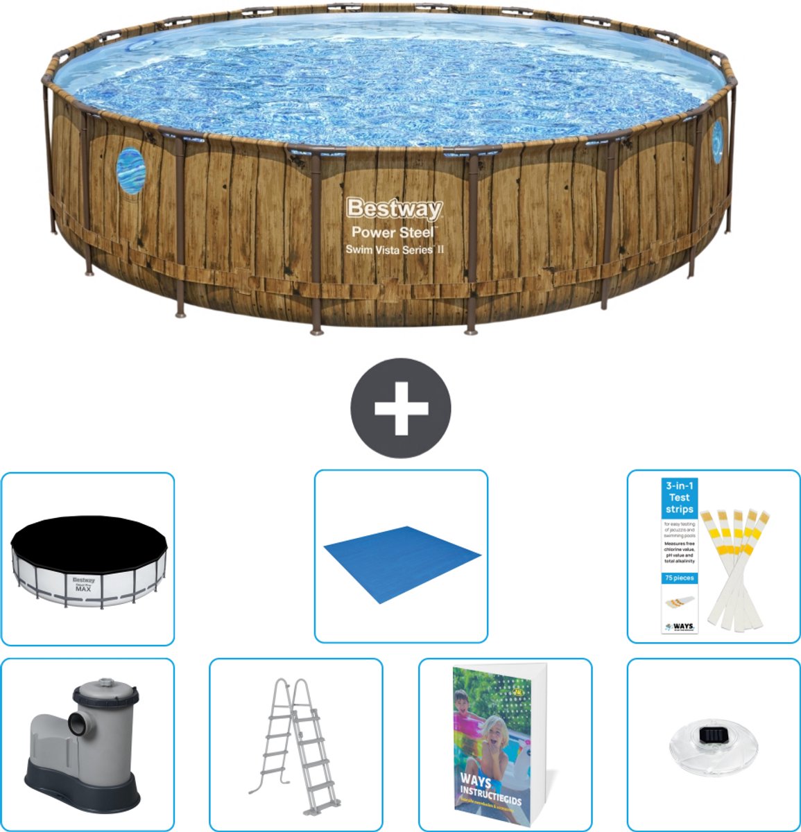 Bestway Rond Power Steel Swim Vista Zwembad - Houtprint - 549 x 122 - Inclusief Pomp - Ladder - Afdekzeil - Grondzeil - Verlichting - 8-delig