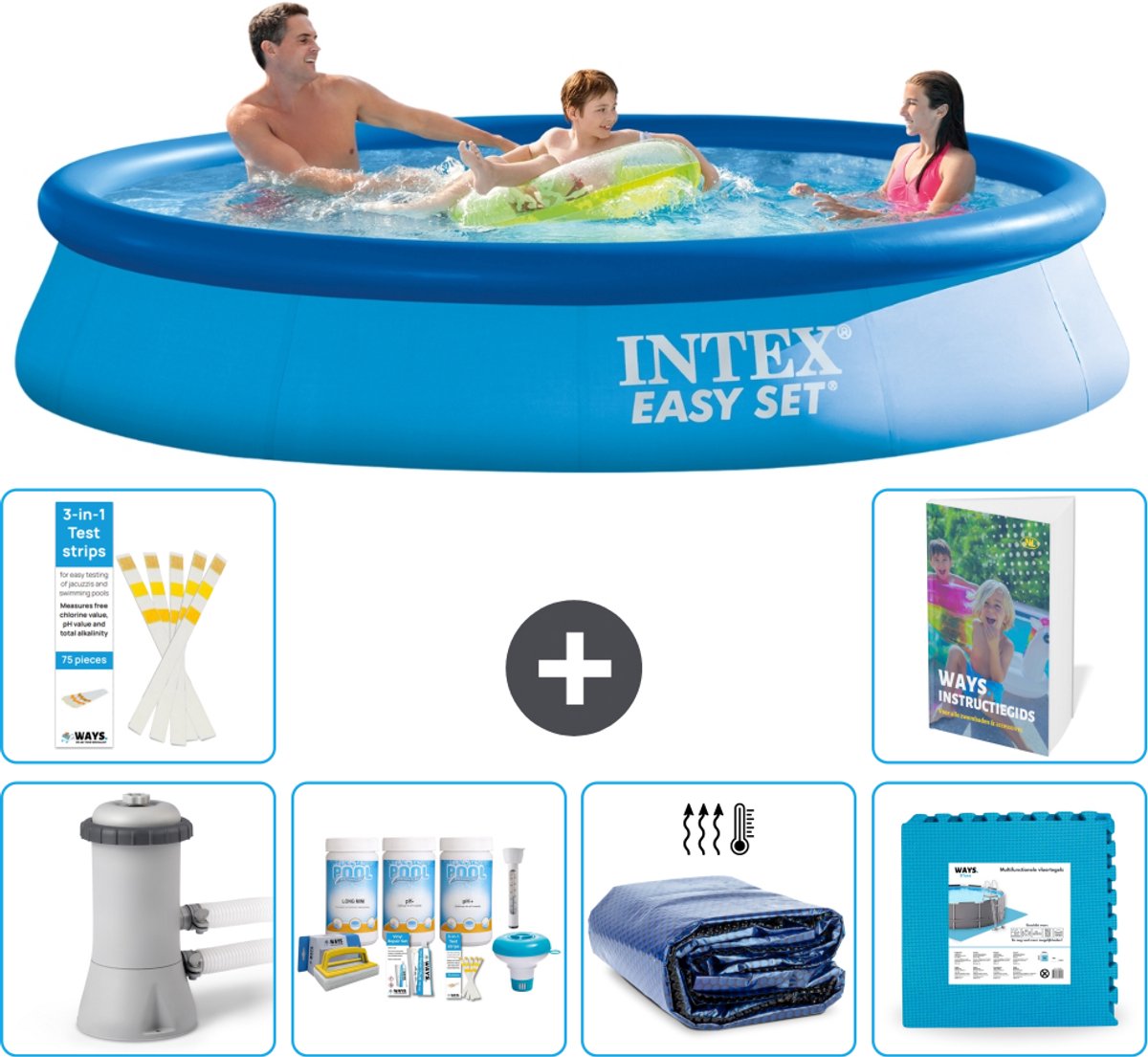 Intex Rond Opblaasbaar Easy Set Zwembad - 366 x 76 cm - Blauw - Inclusief Pomp - Onderhoudspakket - Solarzeil - Vloertegels - 7-delig