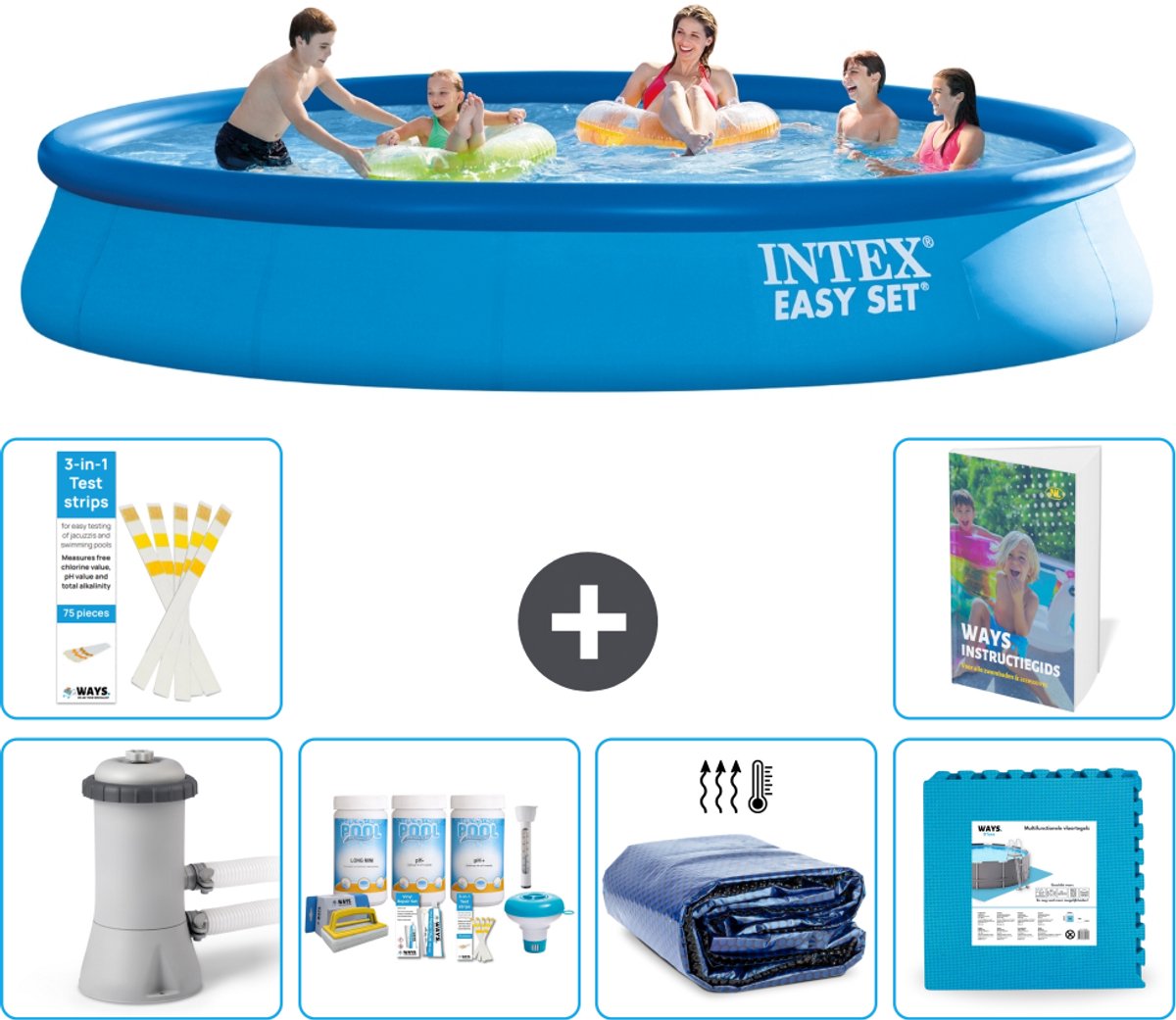 Intex Rond Opblaasbaar Easy Set Zwembad - 457 x 84 cm - Blauw - Inclusief Pomp - Onderhoudspakket - Solarzeil - Vloertegels - 7-delig