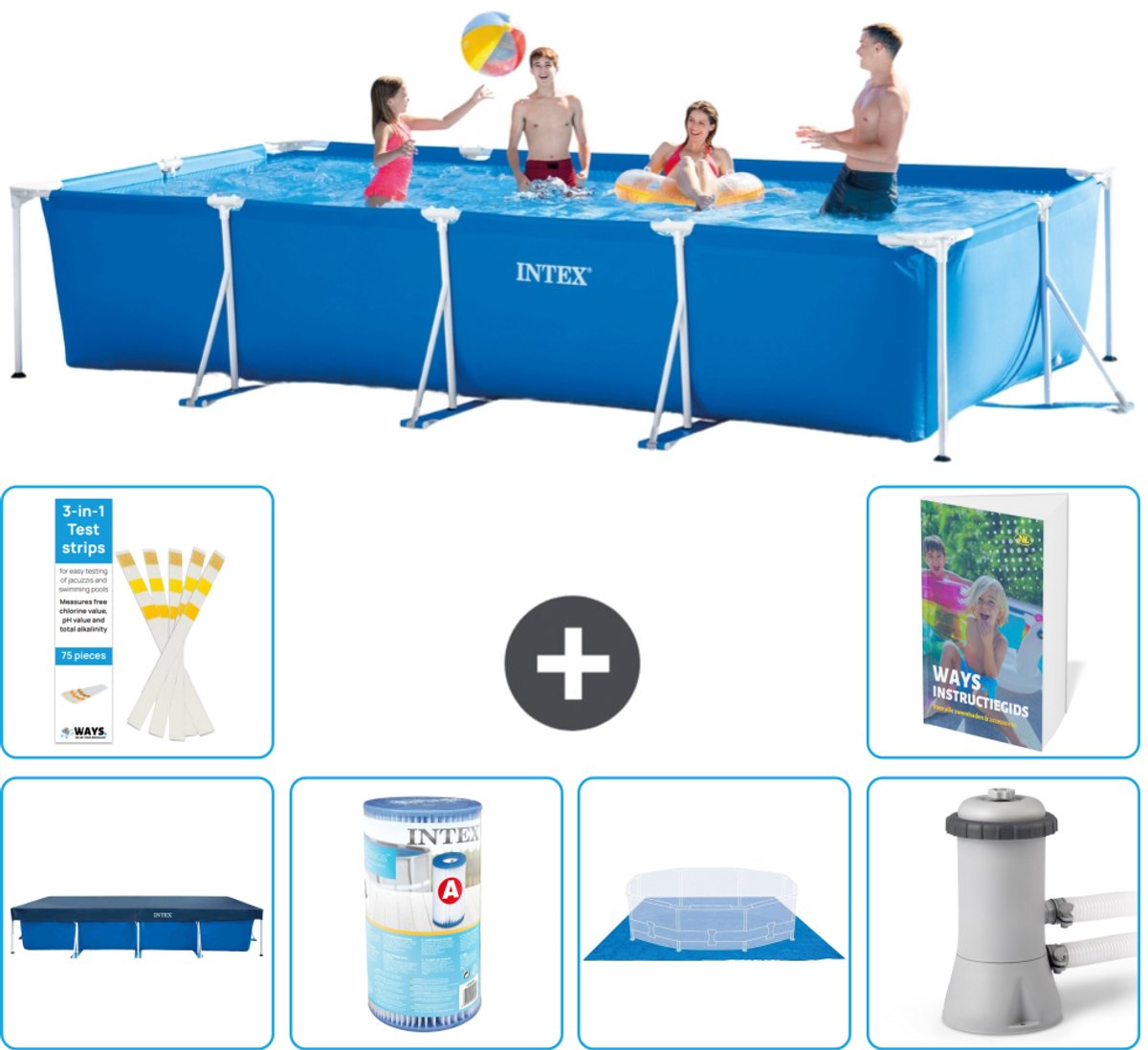 Intex Rechthoekig Frame Zwembad - 450 x 220 x 84 cm - Blauw - Inclusief Afdekzeil - Filter - Grondzeil - Zwembadfilterpomp - 7-delig