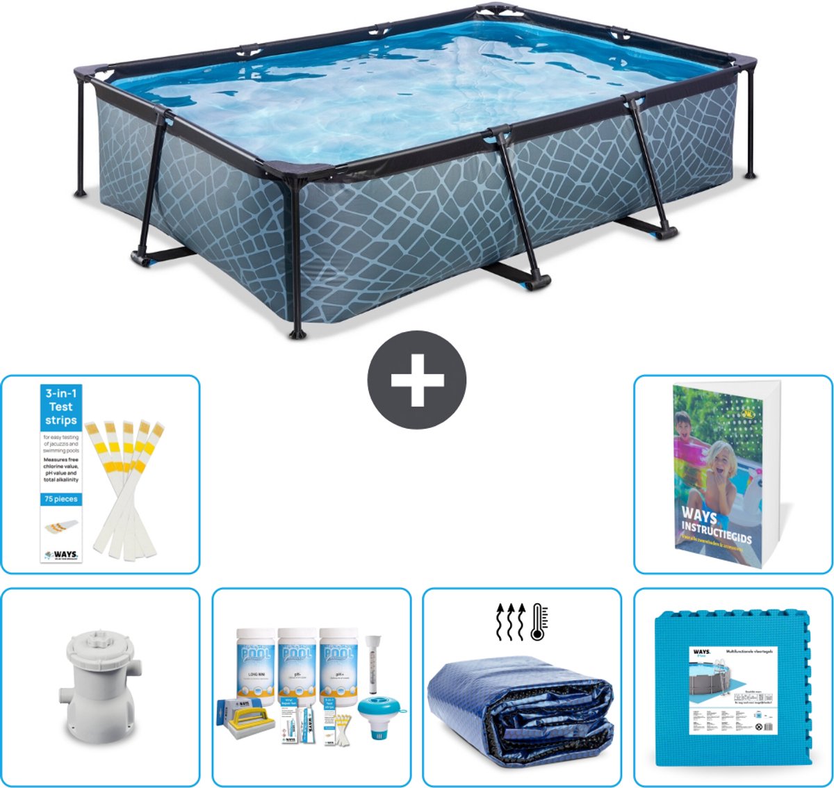 EXIT Rechthoekig Stone Frame Zwembad - 300 x 200 x 65 cm - Inclusief Pomp - Onderhoudspakket - Solarzeil - Vloertegels - 7-delig